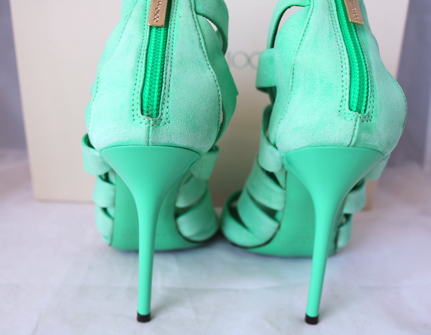 $995 JIMMY CHOO DAMSEN DAMEN GREEN MENTHE PEPPERMINT SUEDE OPEN TOE SHOES