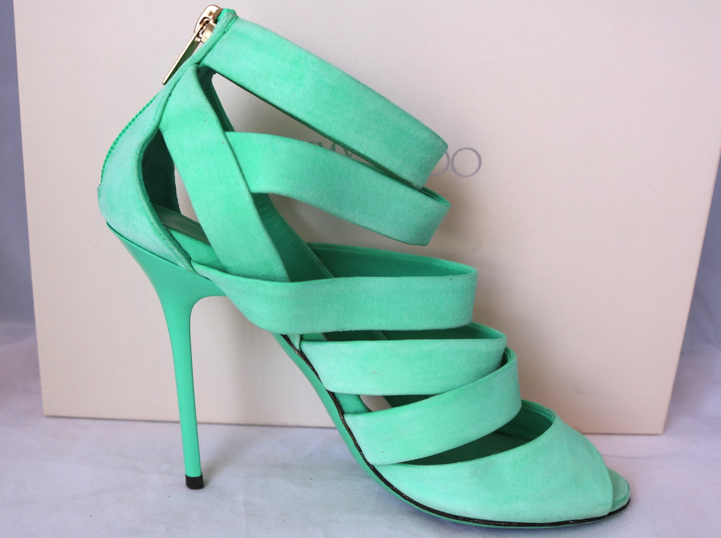 $995 JIMMY CHOO DAMSEN DAMEN GREEN MENTHE PEPPERMINT SUEDE OPEN TOE SHOES