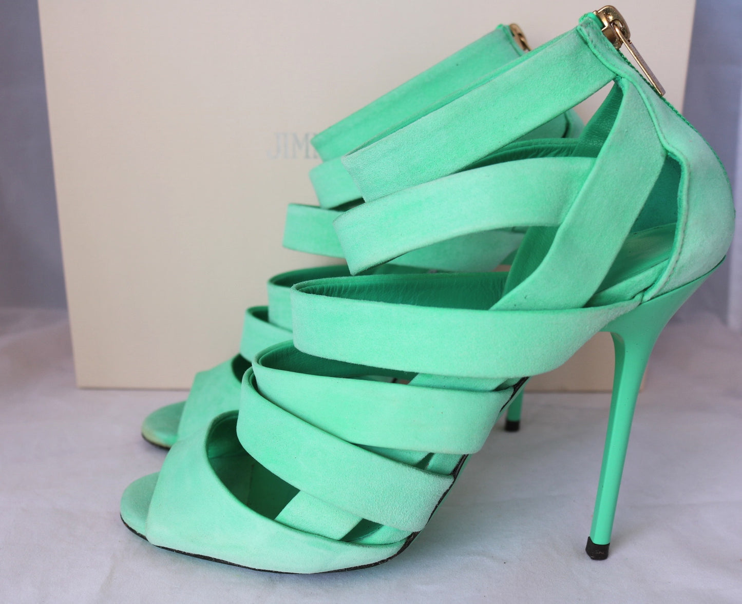 $995 JIMMY CHOO DAMSEN DAMEN GREEN MENTHE PEPPERMINT SUEDE OPEN TOE SHOES