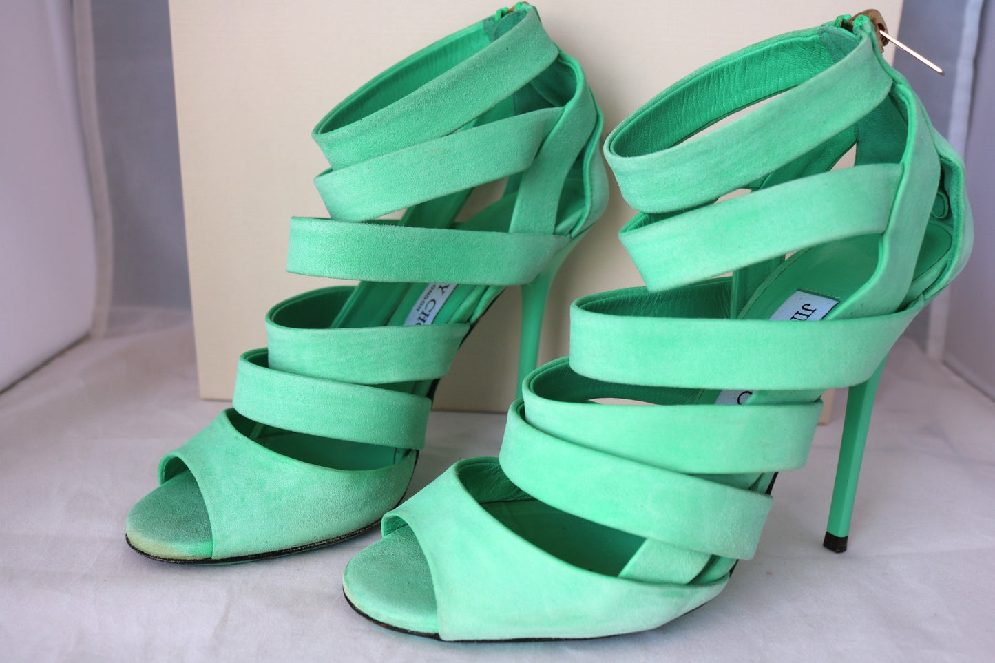 $995 JIMMY CHOO DAMSEN DAMEN GREEN MENTHE PEPPERMINT SUEDE OPEN TOE SHOES