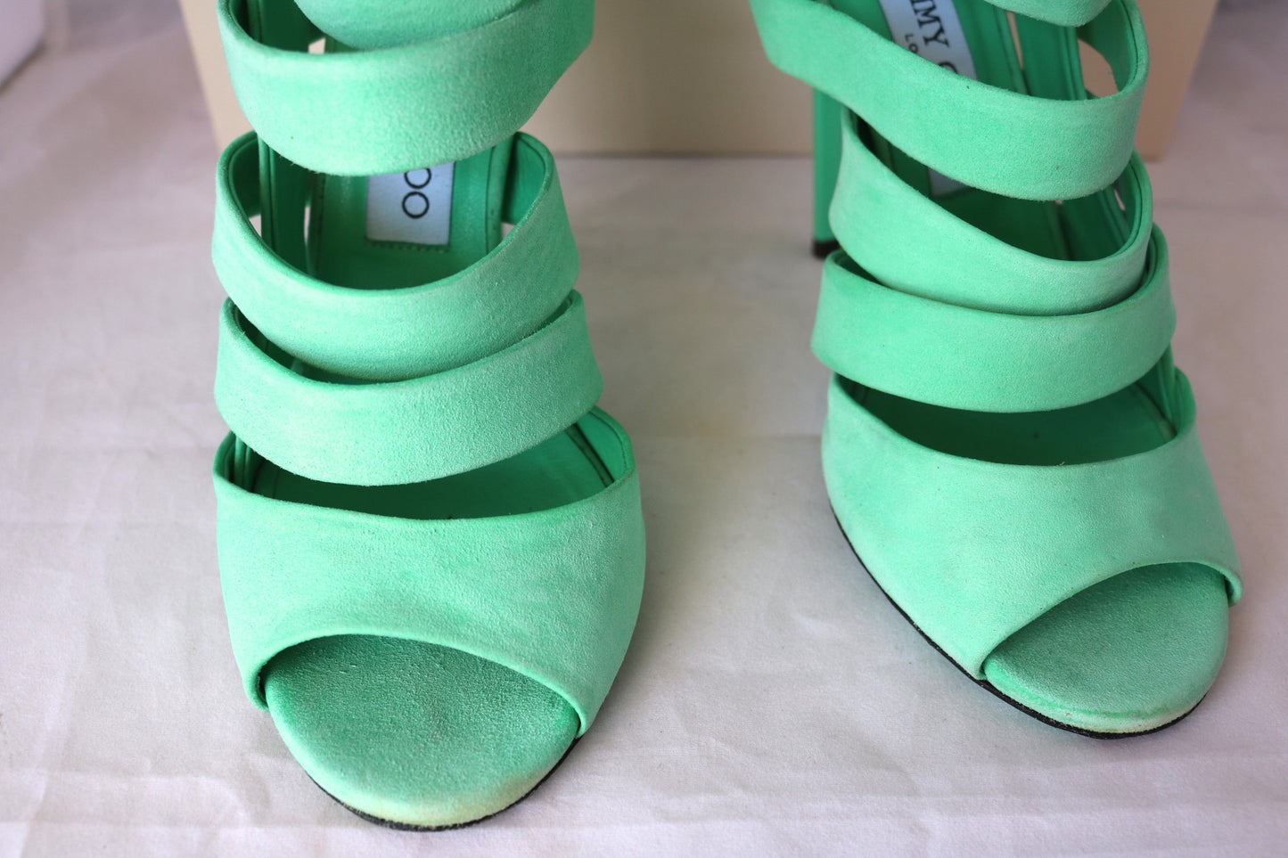 $995 JIMMY CHOO DAMSEN DAMEN GREEN MENTHE PEPPERMINT SUEDE OPEN TOE SHOES