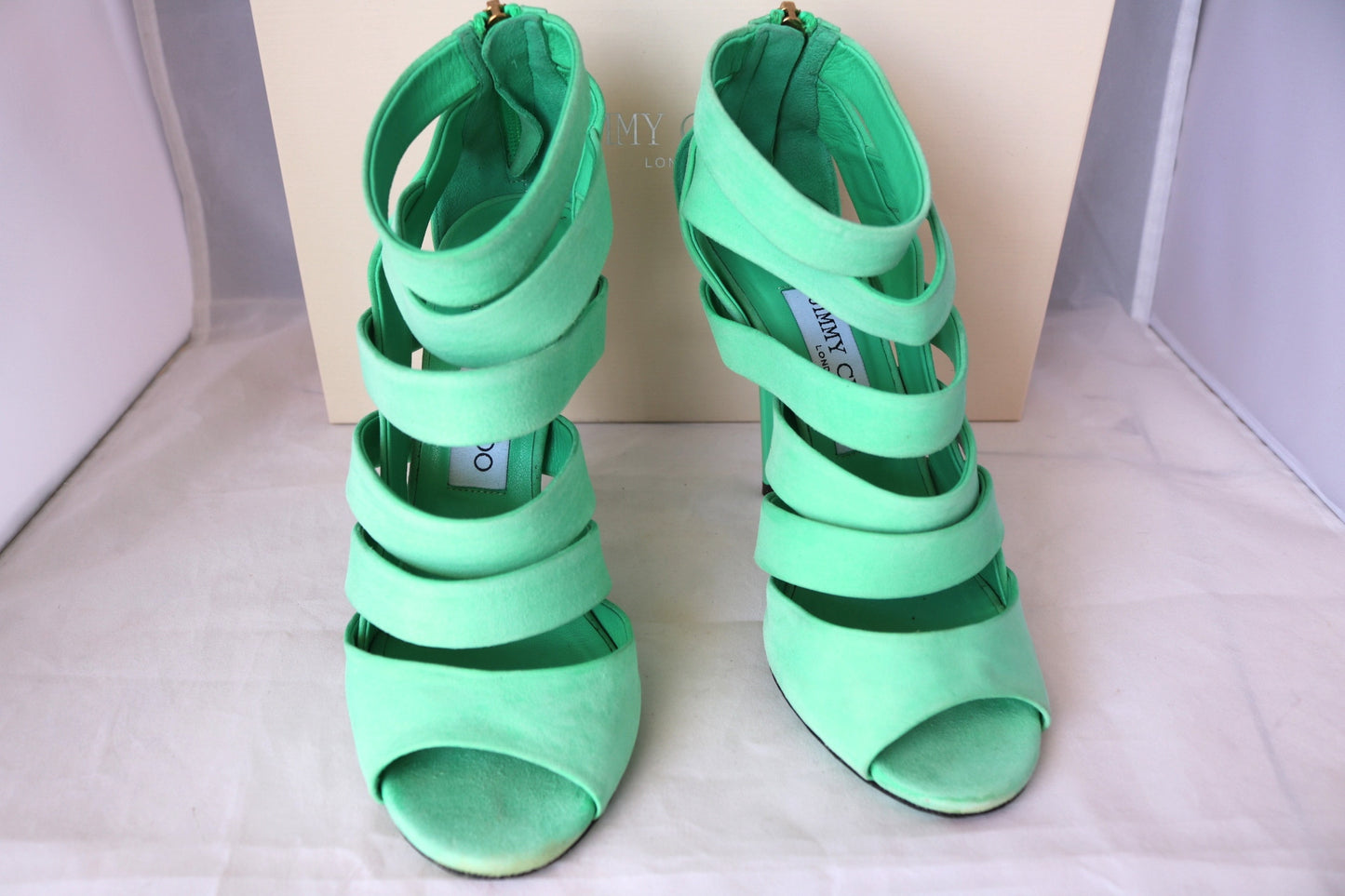 $995 JIMMY CHOO DAMSEN DAMEN GREEN MENTHE PEPPERMINT SUEDE OPEN TOE SHOES