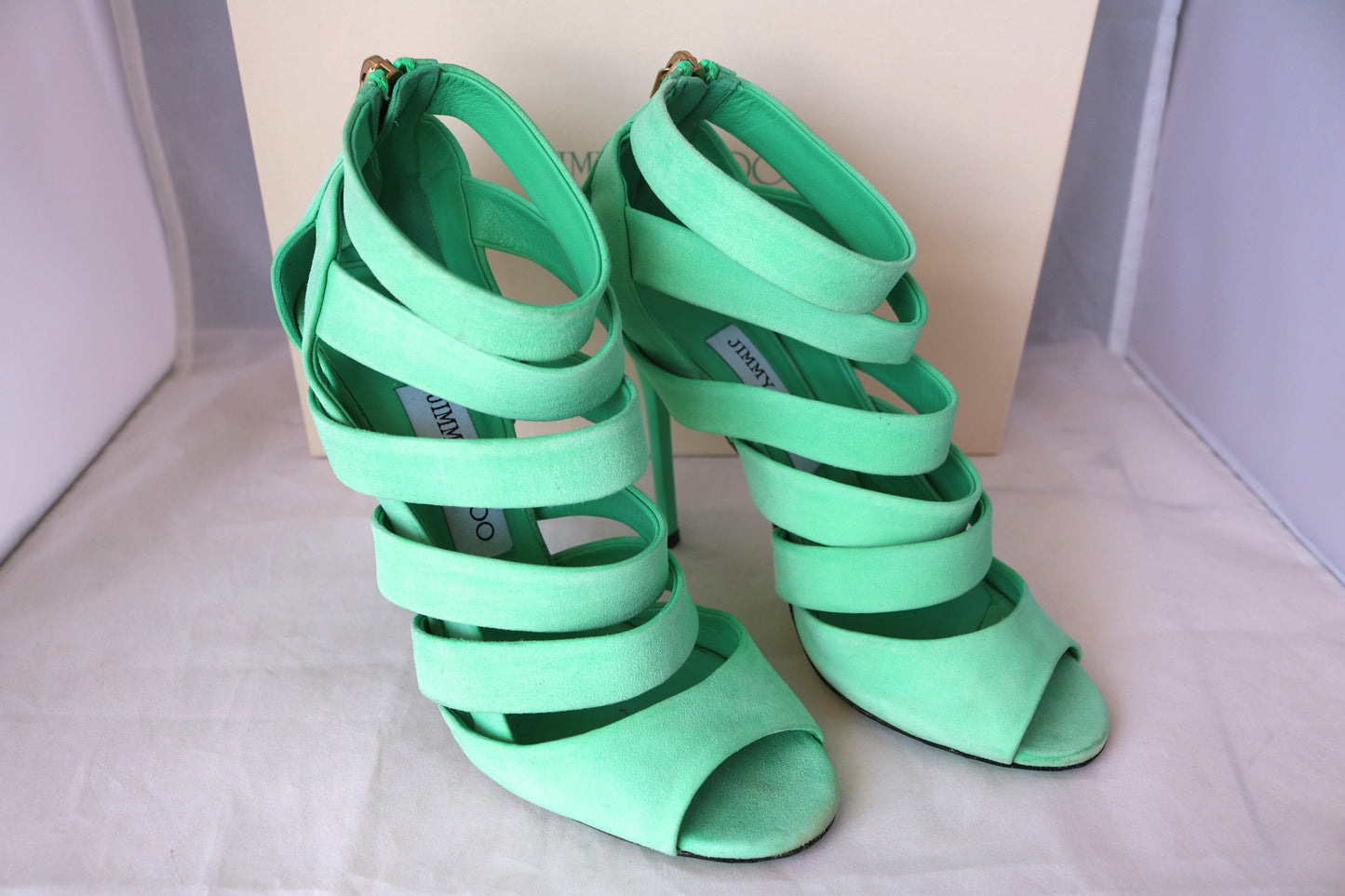 $995 JIMMY CHOO DAMSEN DAMEN GREEN MENTHE PEPPERMINT SUEDE OPEN TOE SHOES