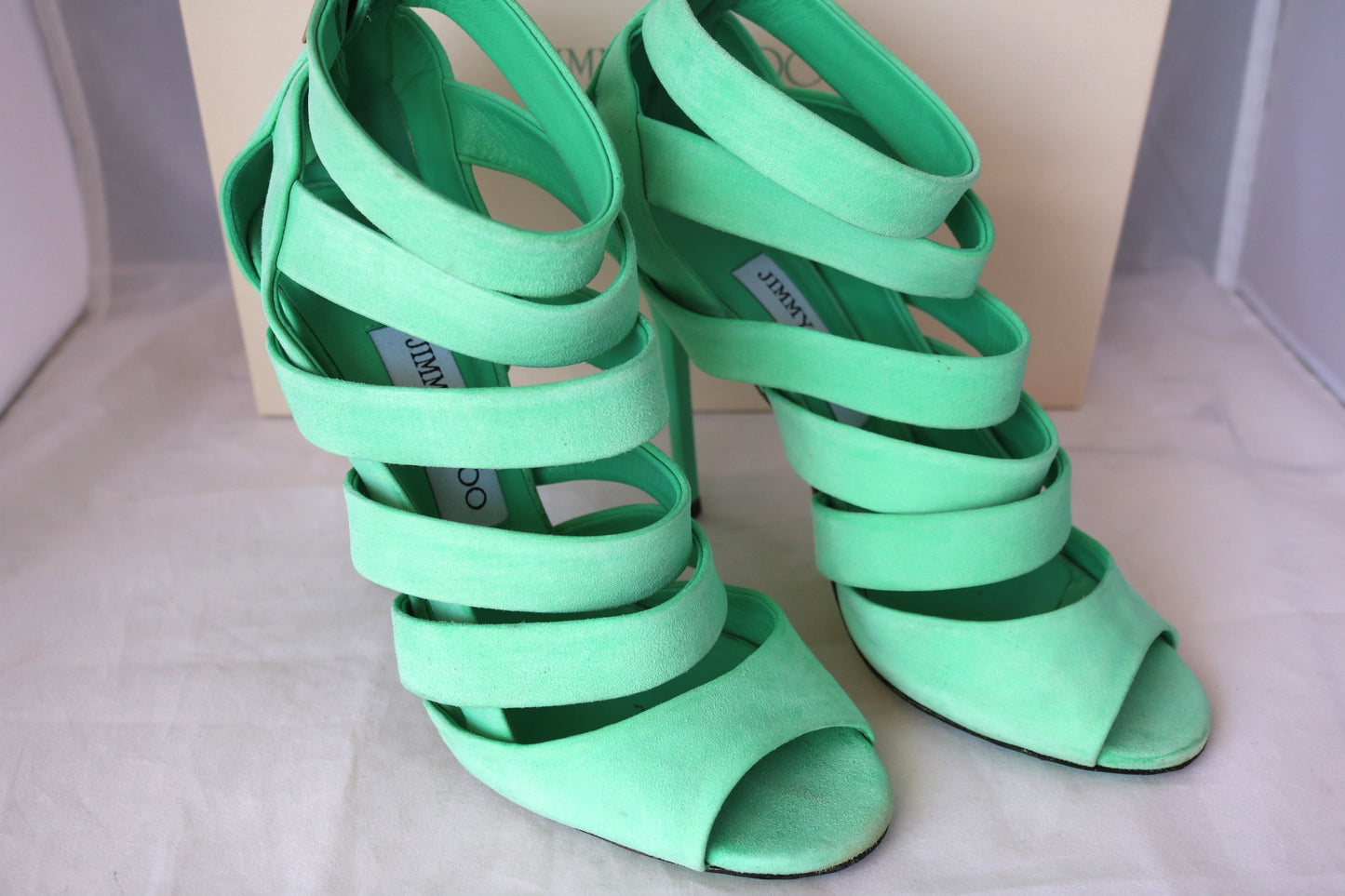 $995 JIMMY CHOO DAMSEN DAMEN GREEN MENTHE PEPPERMINT SUEDE OPEN TOE SHOES