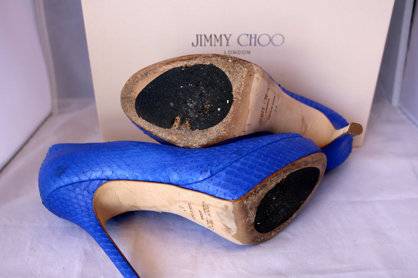 $995 JIMMY CHOO WATER SNAKE SNAKESKIN ELECTRIC BLUE OPEN TOE PUMP PUMPS SHOES