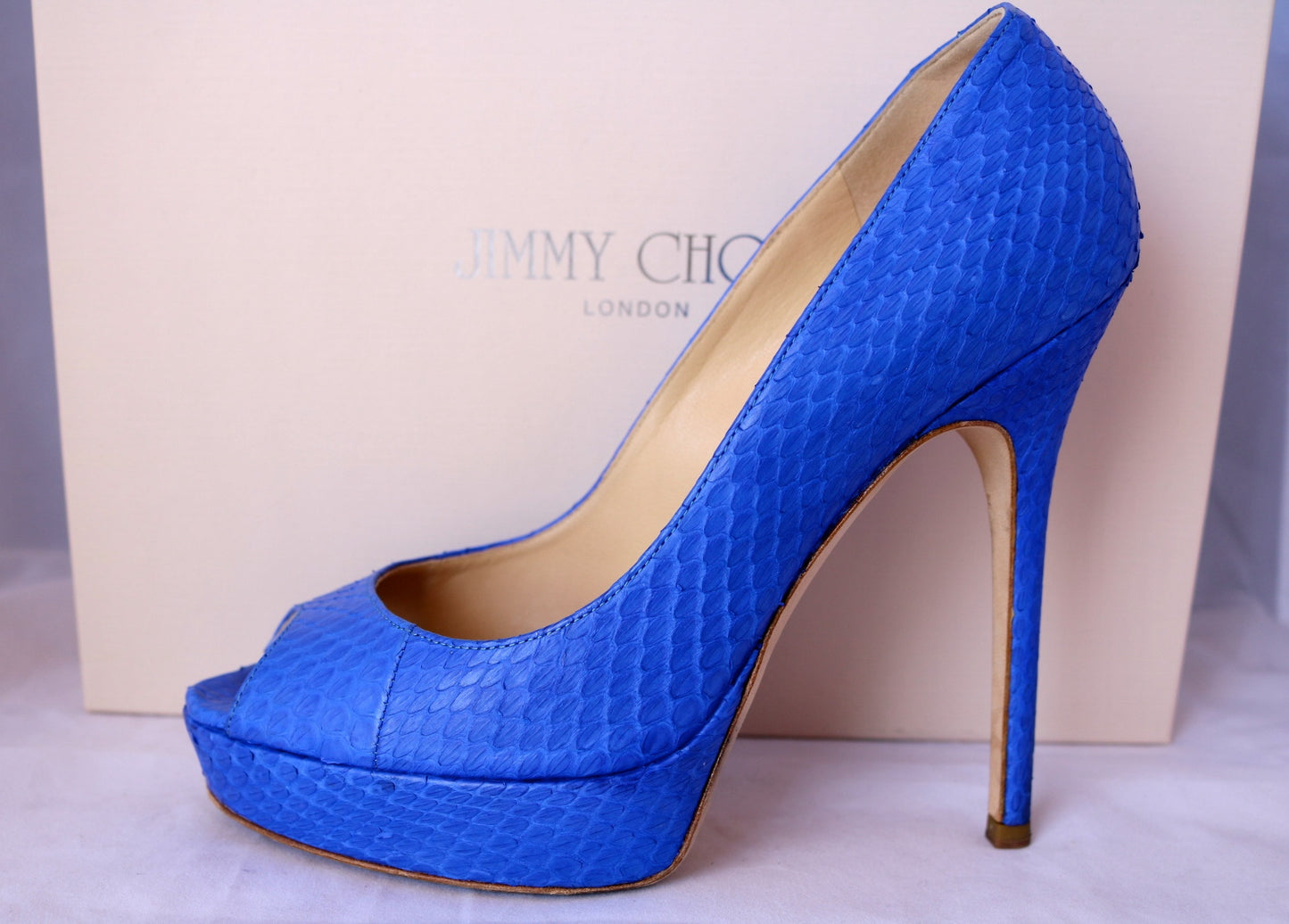 $995 JIMMY CHOO WATER SNAKE SNAKESKIN ELECTRIC BLUE OPEN TOE PUMP PUMPS SHOES