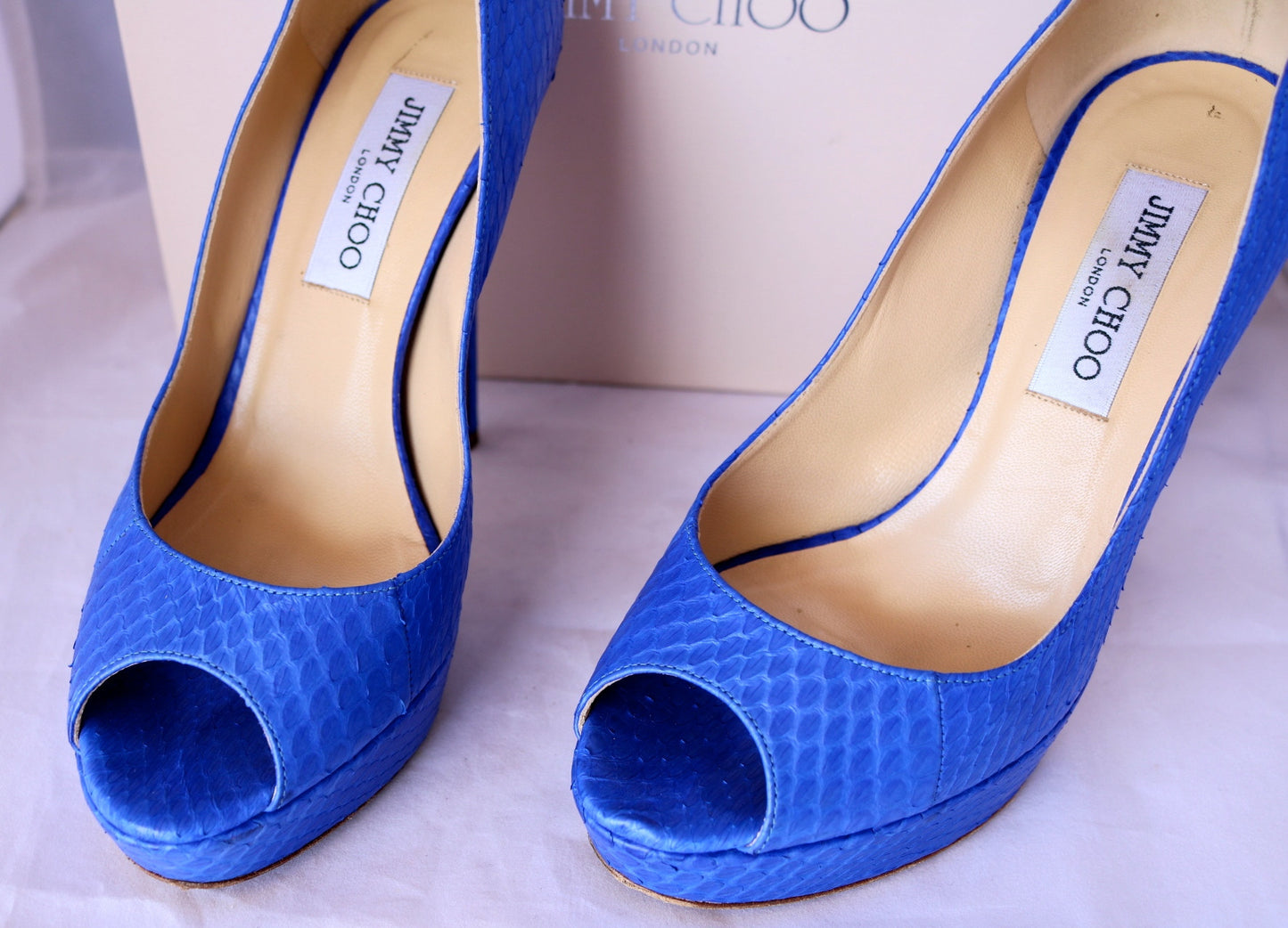 $995 JIMMY CHOO WATER SNAKE SNAKESKIN ELECTRIC BLUE OPEN TOE PUMP PUMPS SHOES