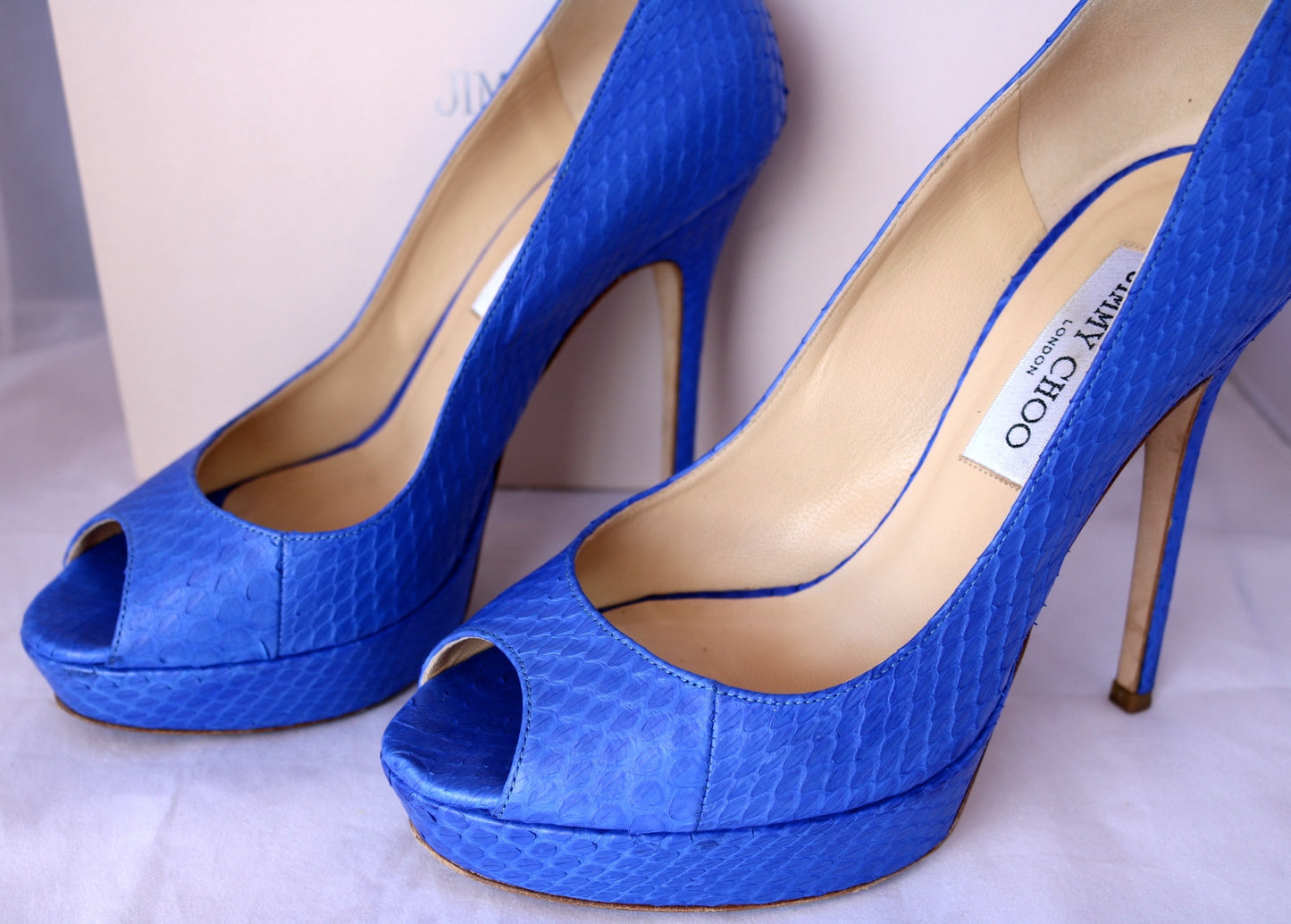 $995 JIMMY CHOO WATER SNAKE SNAKESKIN ELECTRIC BLUE OPEN TOE PUMP PUMPS SHOES