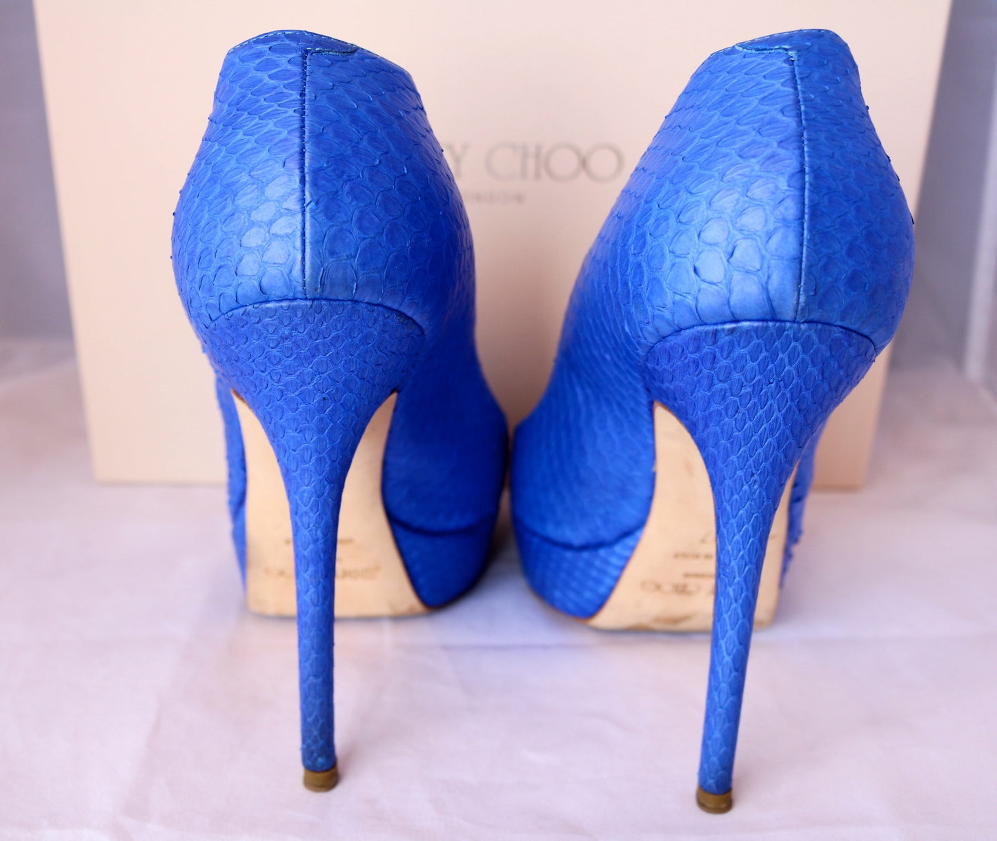 $995 JIMMY CHOO WATER SNAKE SNAKESKIN ELECTRIC BLUE OPEN TOE PUMP PUMPS SHOES