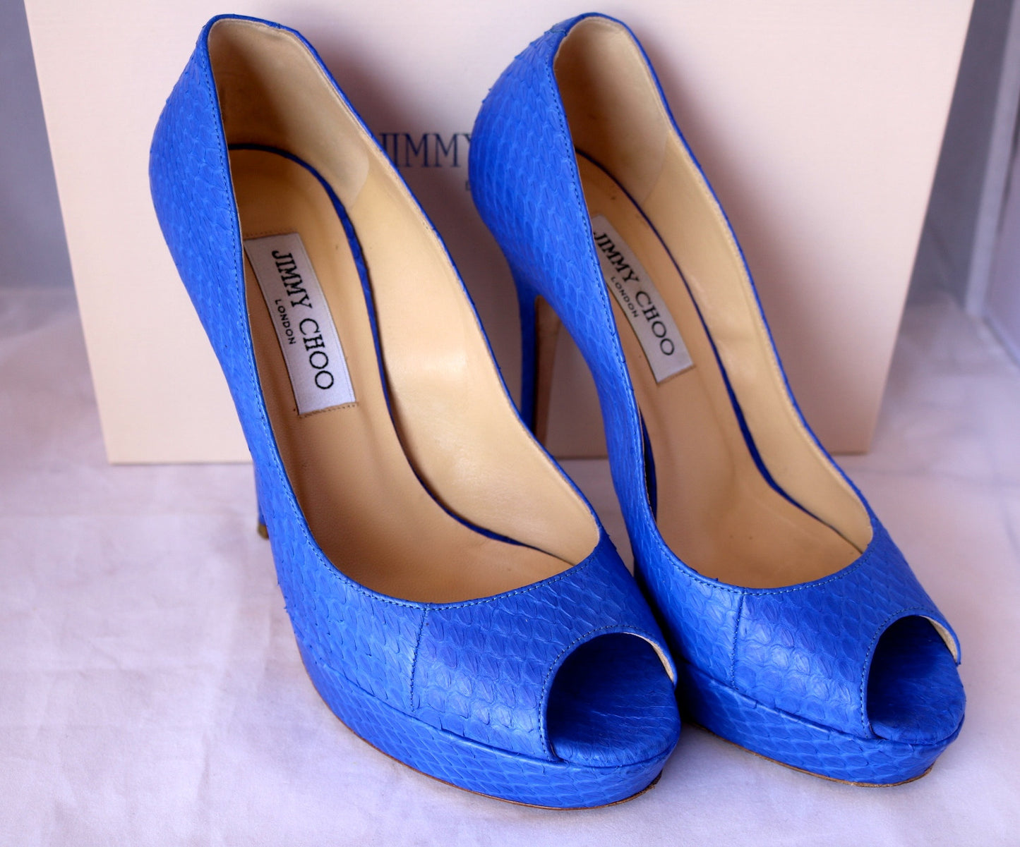 $995 JIMMY CHOO WATER SNAKE SNAKESKIN ELECTRIC BLUE OPEN TOE PUMP PUMPS SHOES