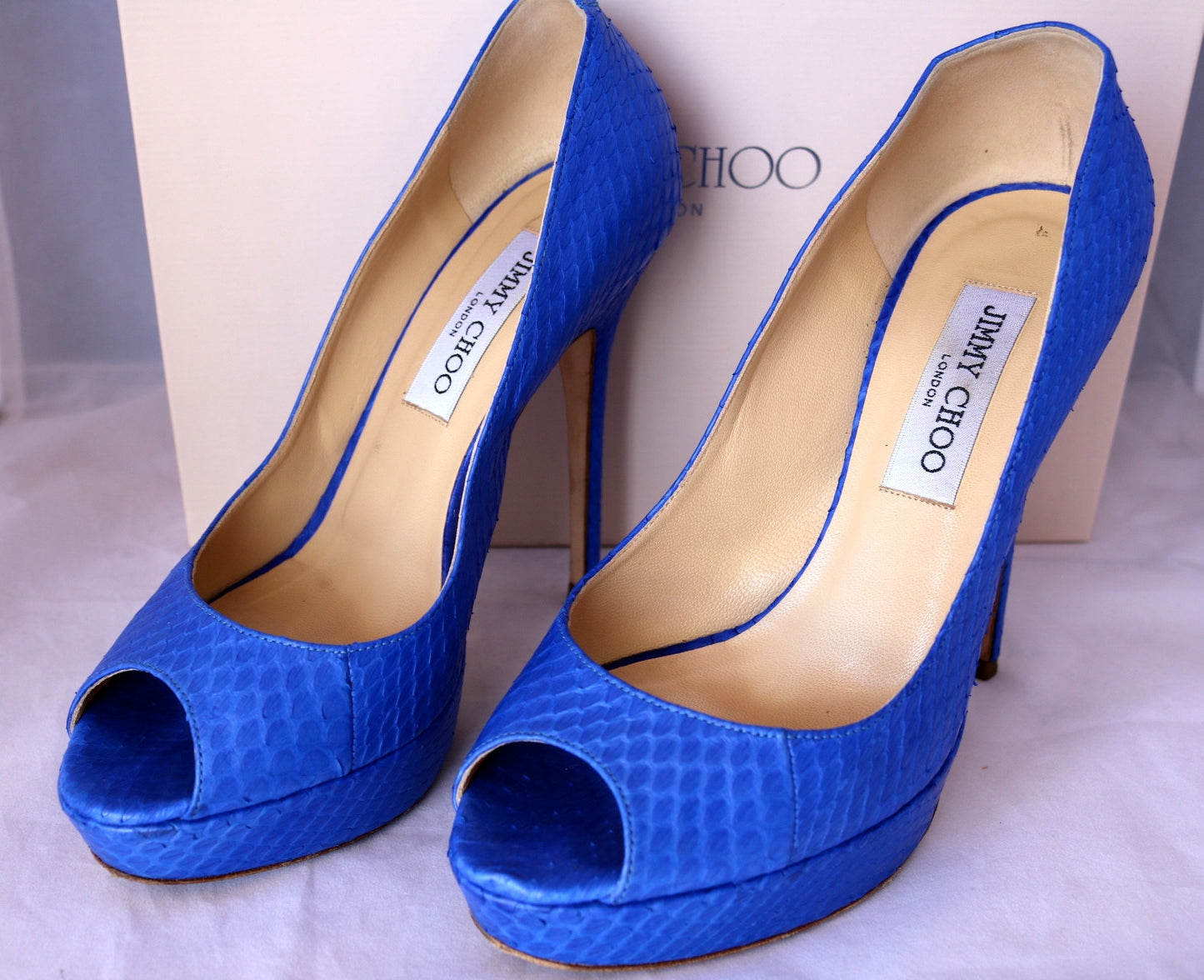 $995 JIMMY CHOO WATER SNAKE SNAKESKIN ELECTRIC BLUE OPEN TOE PUMP PUMPS SHOES