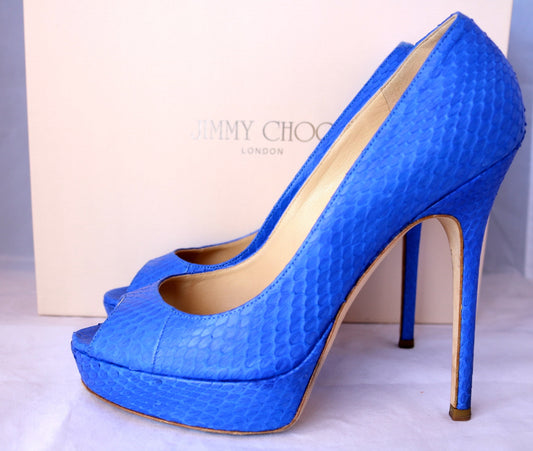 $995 JIMMY CHOO WATER SNAKE SNAKESKIN ELECTRIC BLUE OPEN TOE PUMP PUMPS SHOES