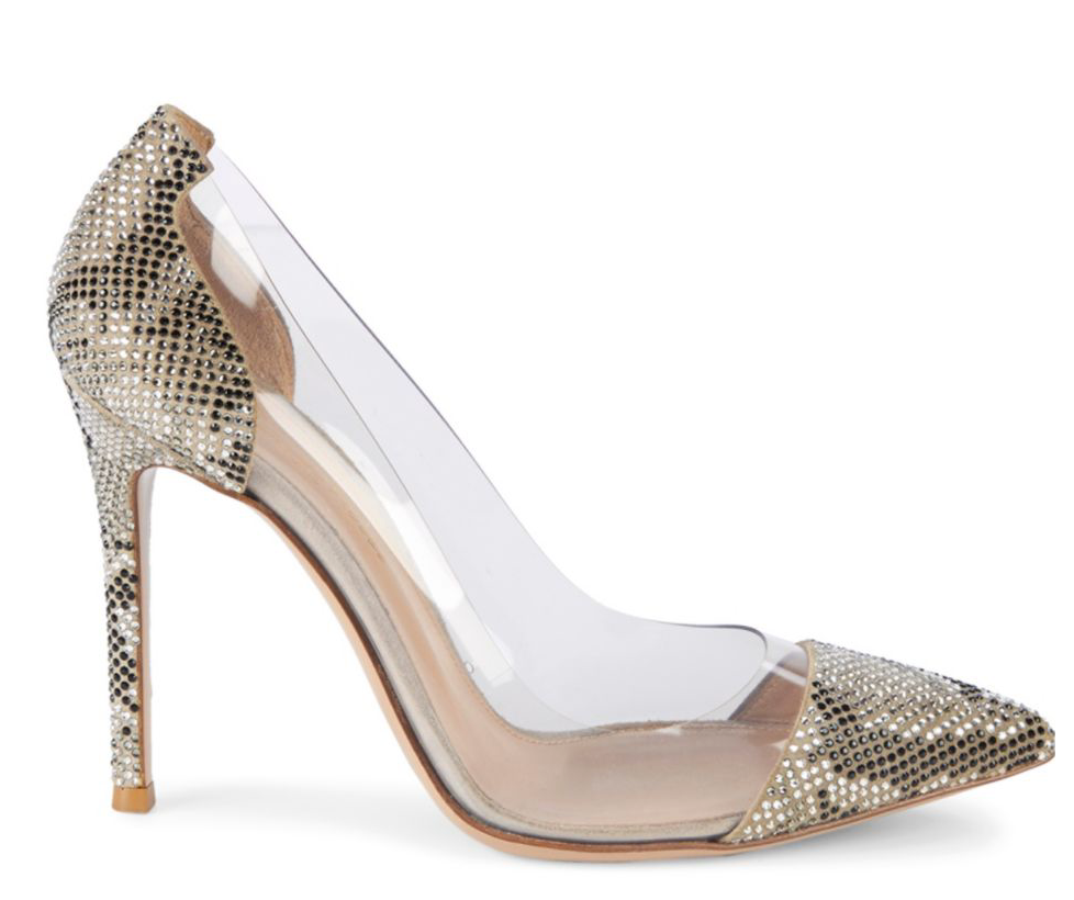 GIANVITO ROSSI 100MM PLEXI TEXTURED PVC EMBELLISHED LIGHT GRAY POINT TOE PUMPS