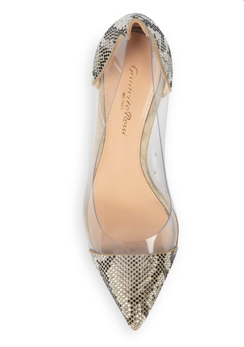 GIANVITO ROSSI 100MM PLEXI TEXTURED PVC EMBELLISHED LIGHT GRAY POINT TOE PUMPS