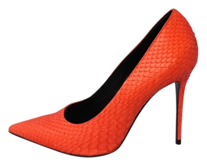 CELINE PYTHON ORANGE HOT CLASSIC SNAKESKIN SNAKE POINTED PUMPS PUMP SHOES PRE-OWNED 37.5