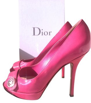 DIOR MISS DIOR HOT PINK PATENT LEATHER PLATFORM PEEP OPEN TOE PUMP SHOES PRE-OWNED