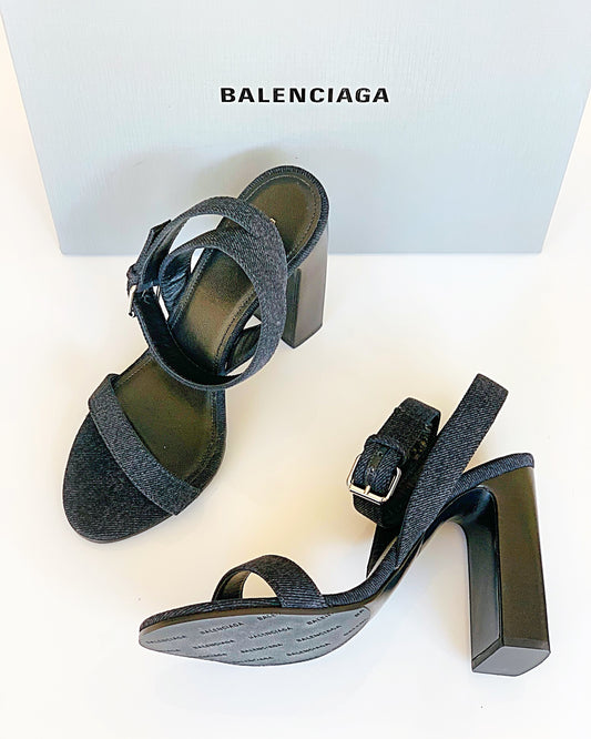 BALENCIAGA WRAPAROUND DENIM BLACK OPEN TOE  ANKLE SANDAL HEELS SHOES