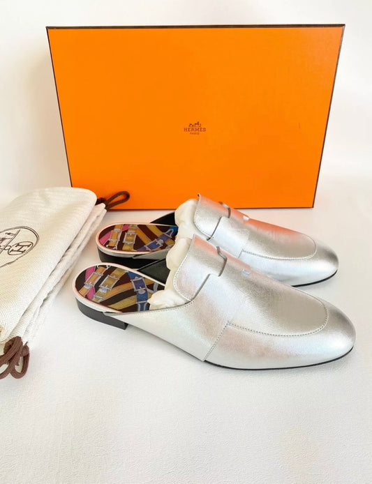 HERMES H CATENA SILVER LEATHER MULES FLIP FLOPS SHOES FLAT SLIDES