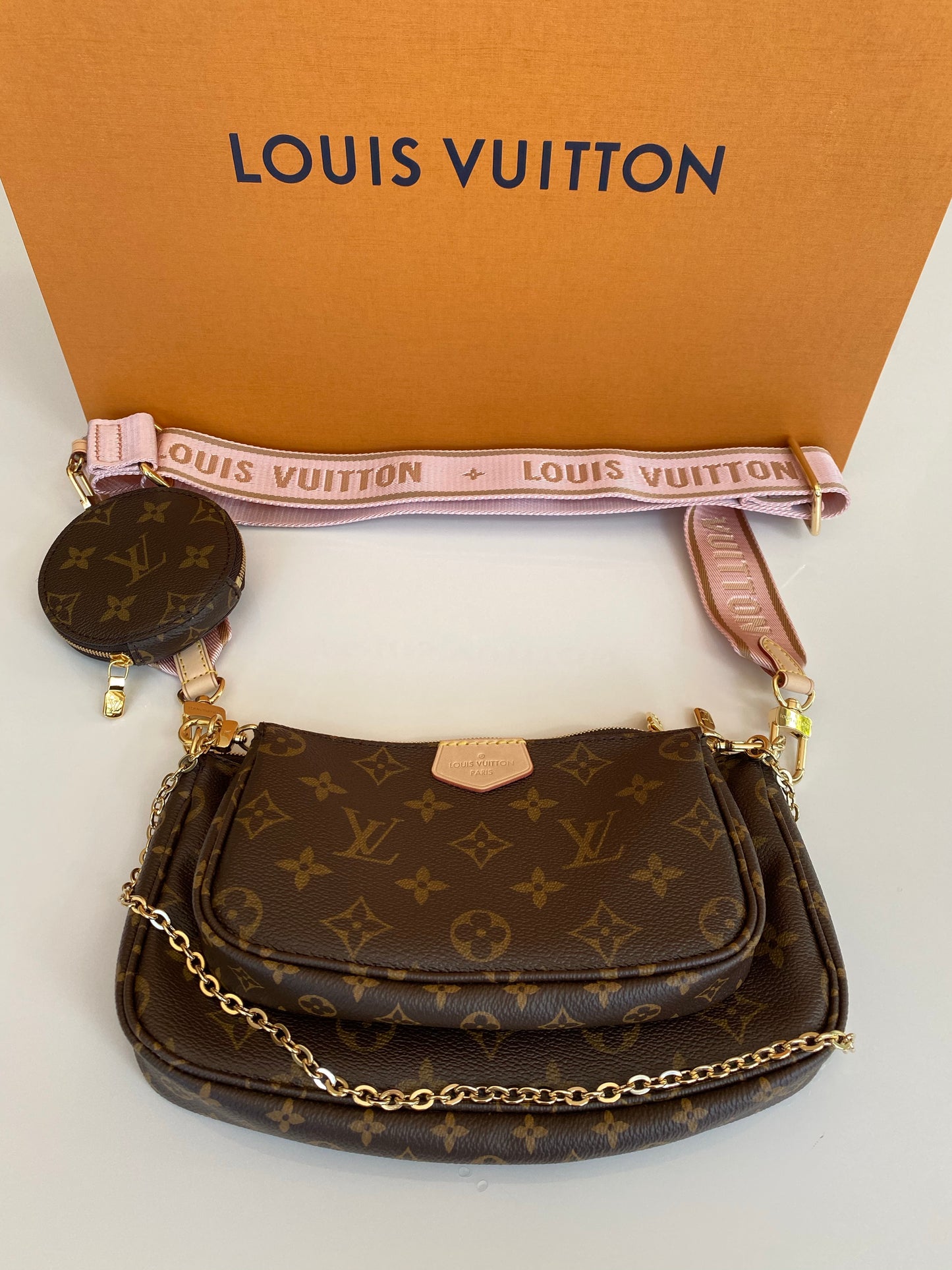 Louis Vuitton Multi Pochette Brown LV Print Rose Pink Green Strap Cross Body Bag Accessories