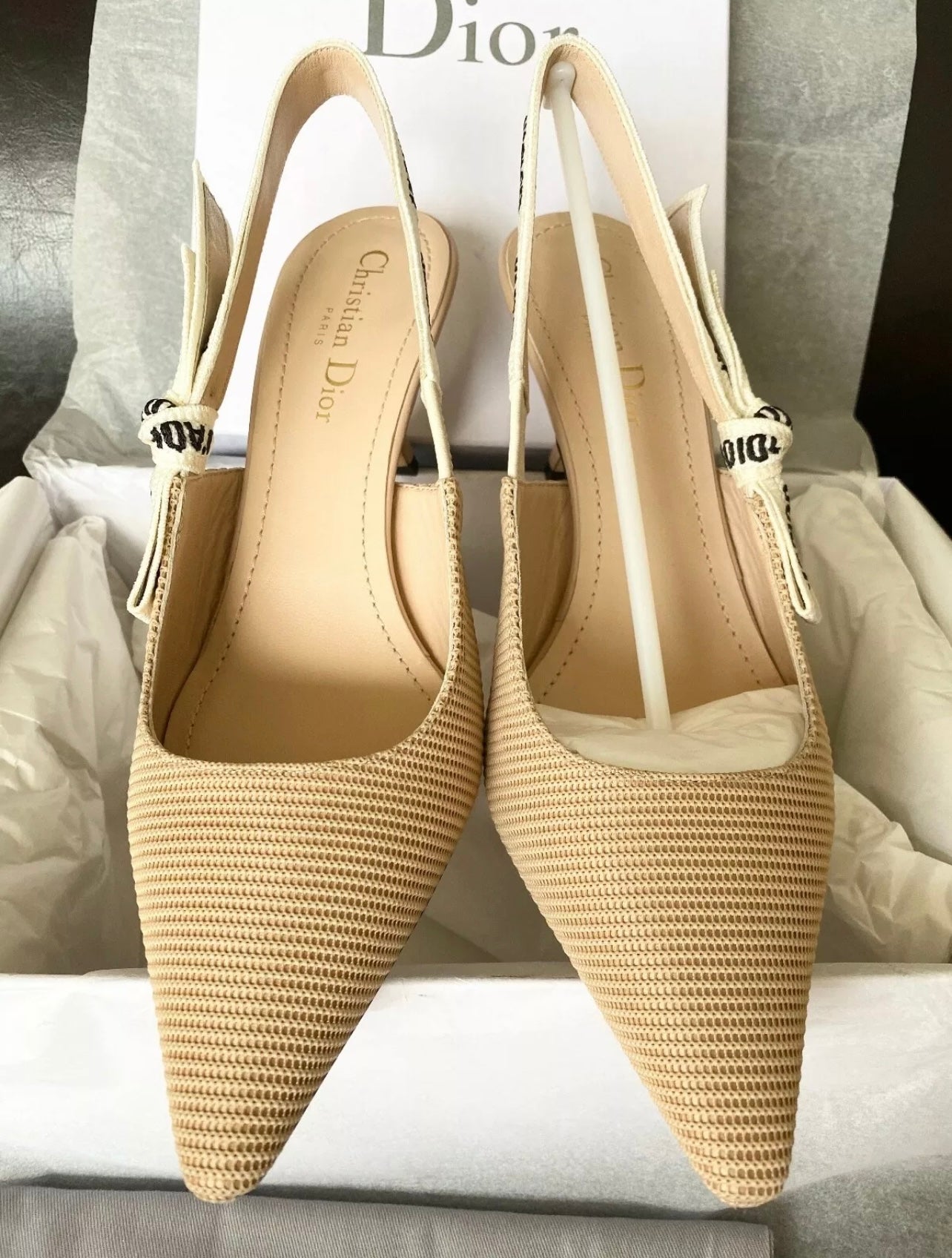 CHRISTIAN DIOR J'ADIOR FABRIC & RIBBON BEIGE KITTEN HEEL SHOES SLINGBACKS