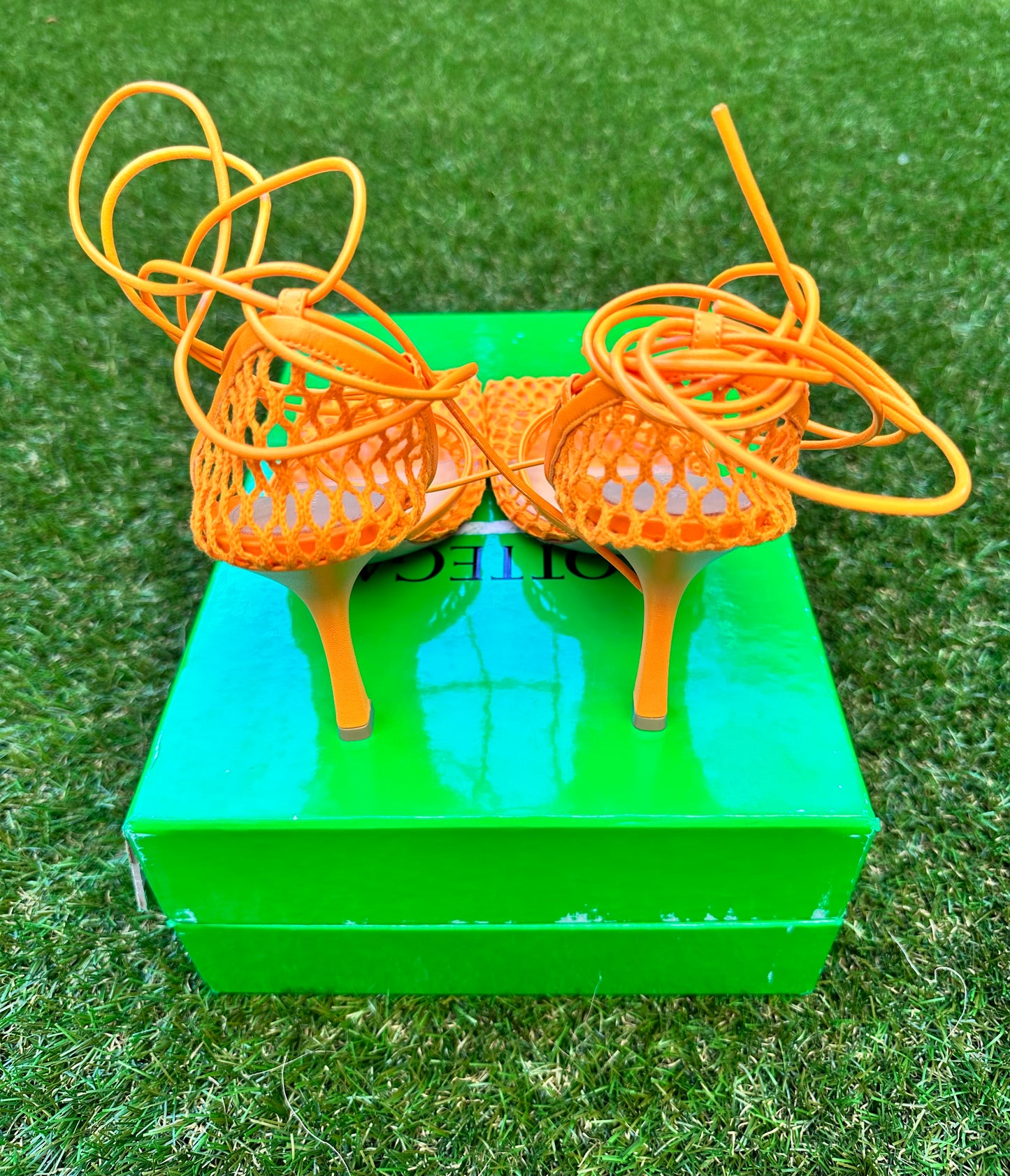Bottega Veneta Stretch Orange Tangerine Caged Mesh Heels Sandals Pumps