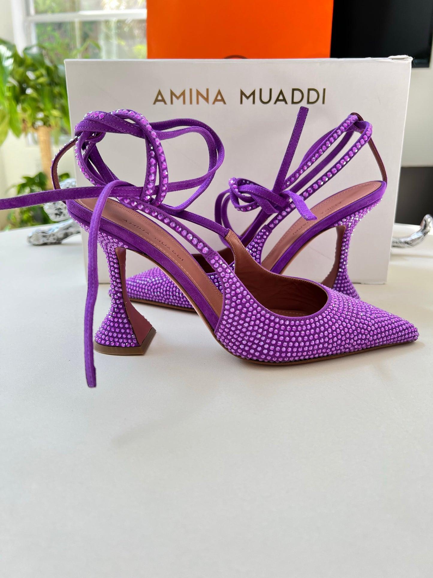 Amina Muaddi Karma Suede Crystal Embellished Lace Up Pumps Violet