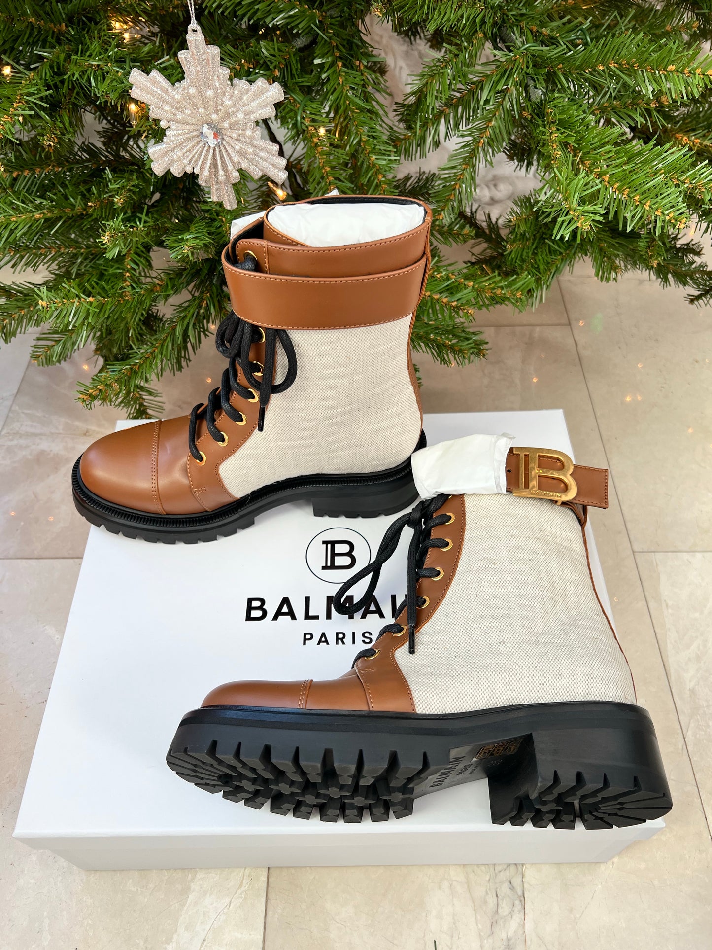 Balmain Ranger Romy Monogram Combat Brown Buckle Ankle Booties Boots