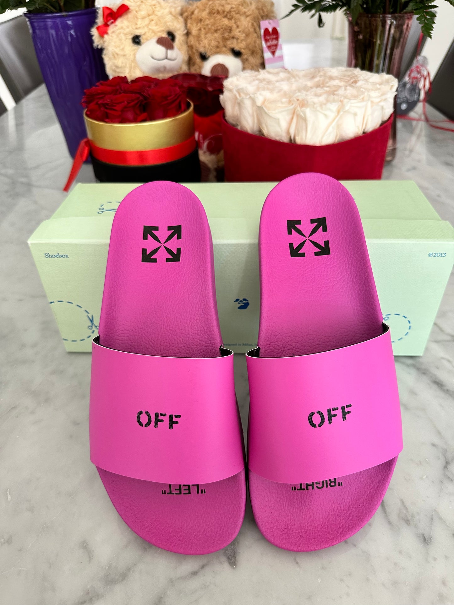 Off-White Pink Magenta Logo Rubber Pool Slides Sandals