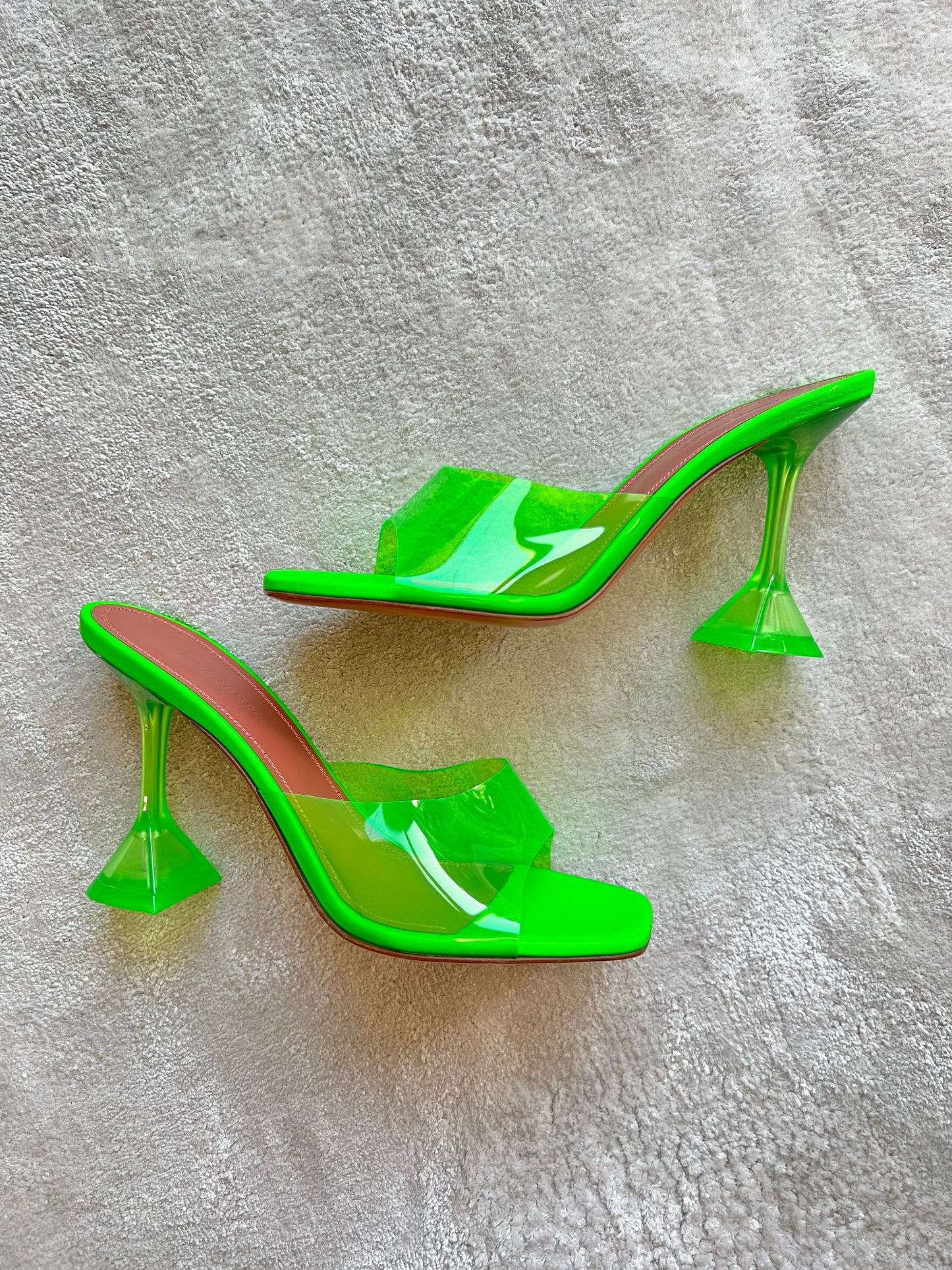 Amina Muaddi Lupita Glass PVC Green Neon Transparent Mule Pumps Mules