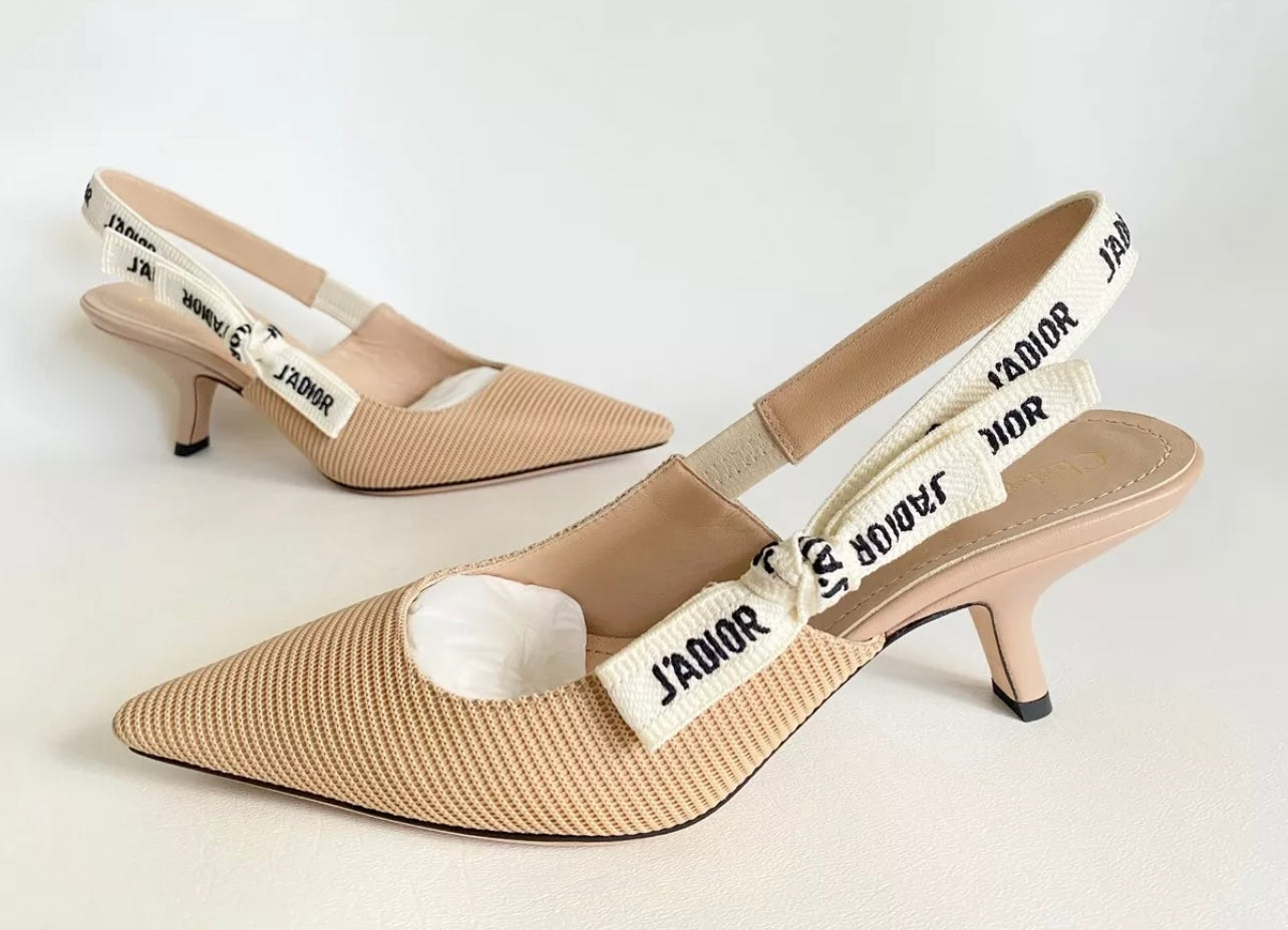 CHRISTIAN DIOR J'ADIOR FABRIC & RIBBON BEIGE KITTEN HEEL SHOES SLINGBACKS