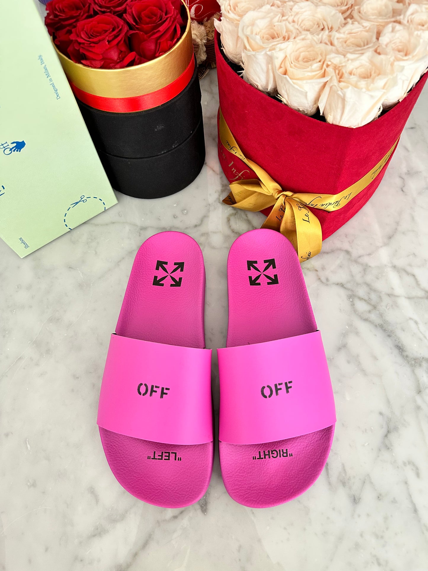Off-White Pink Magenta Logo Rubber Pool Slides Sandals