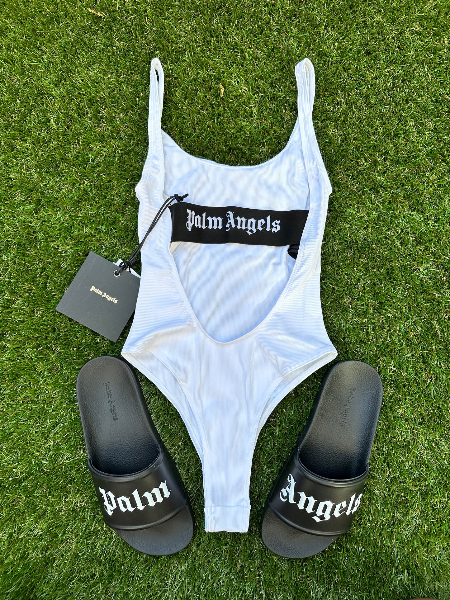 Palm Angels White One Piece Black Strap Ribbed Swimsuit
