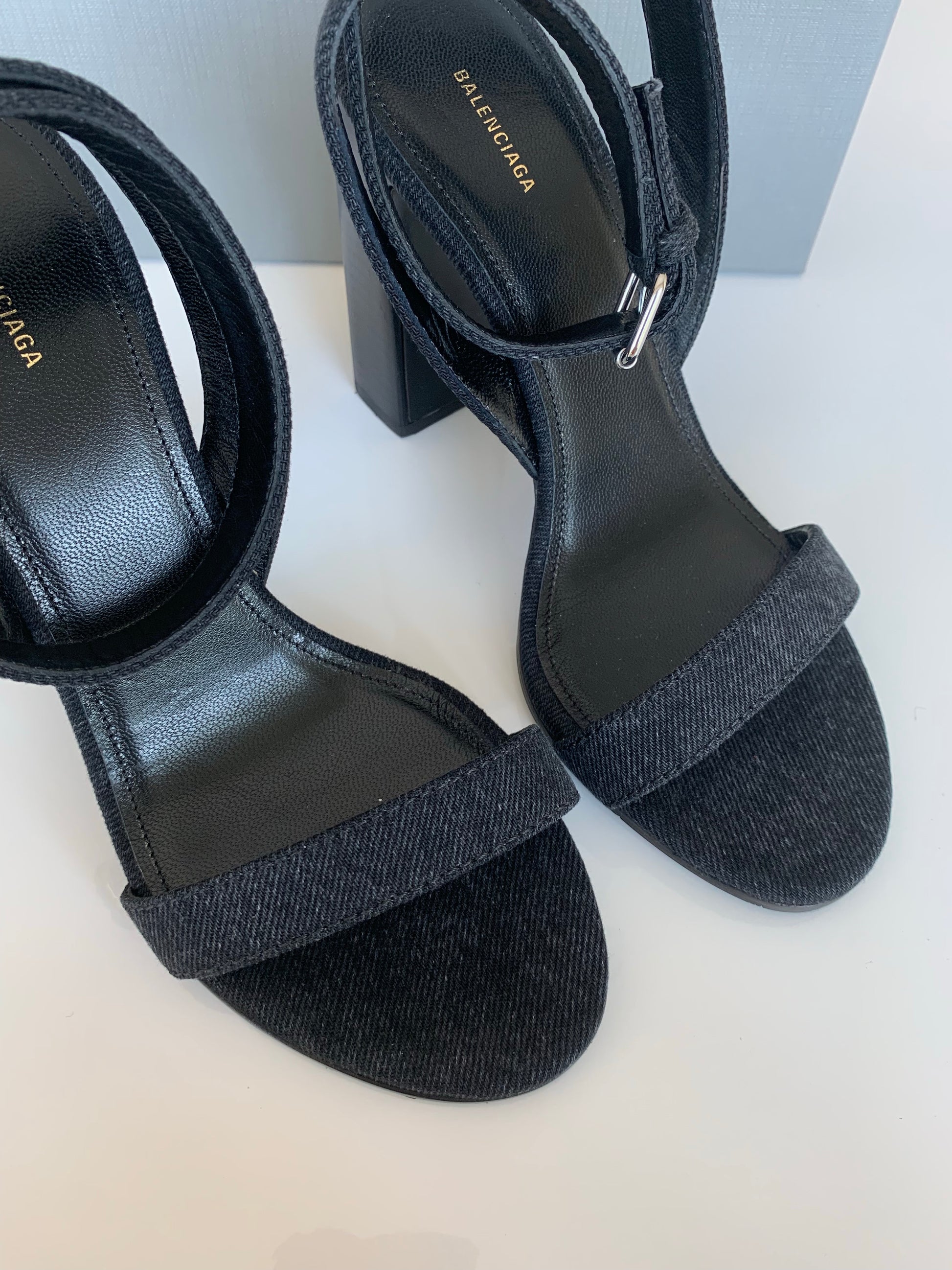 BALENCIAGA WRAPAROUND DENIM BLACK OPEN TOE ANKLE SANDAL HEELS