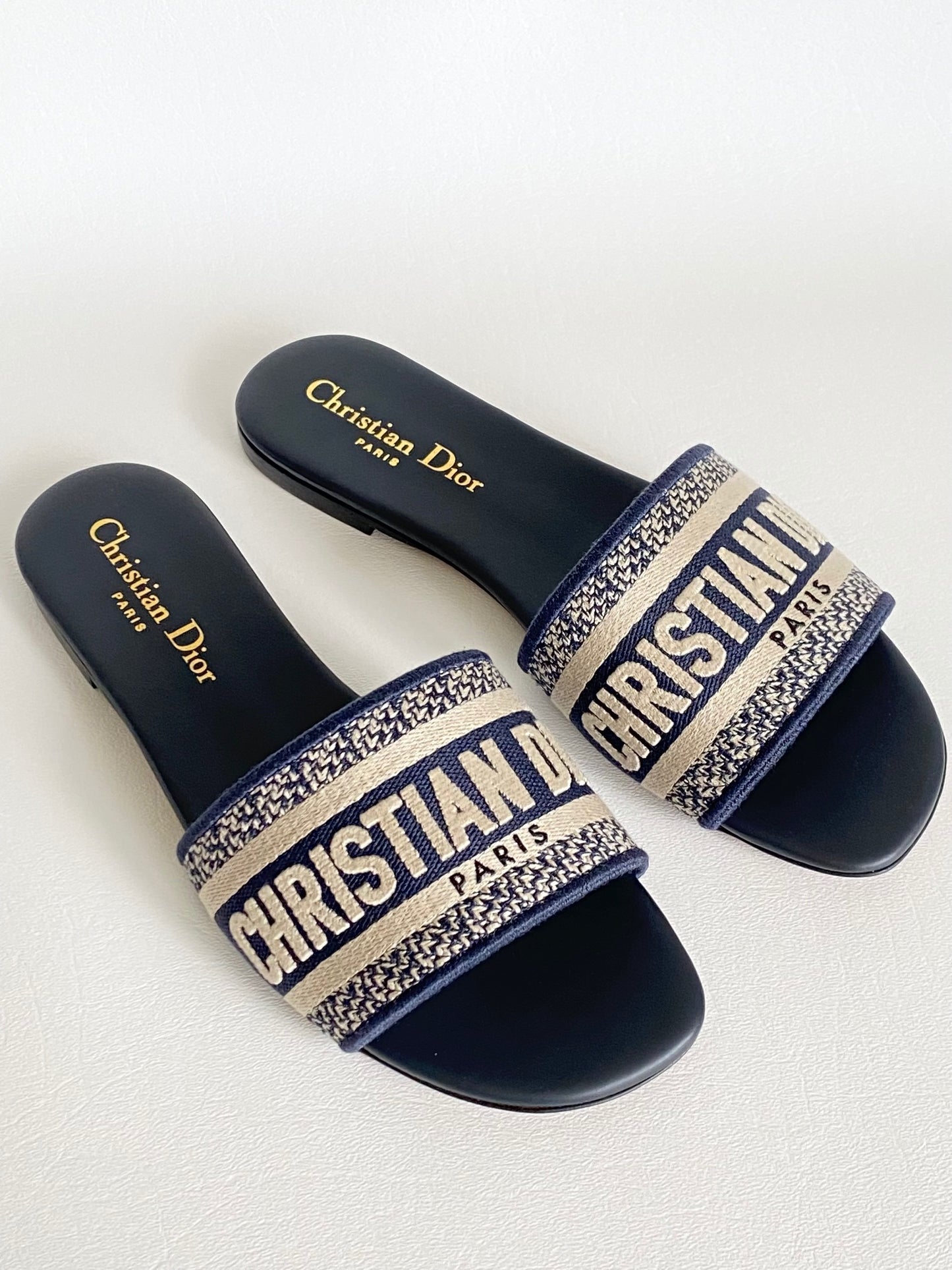 Dior Dway Deep Blue Embroidered Cotton Logo Slides