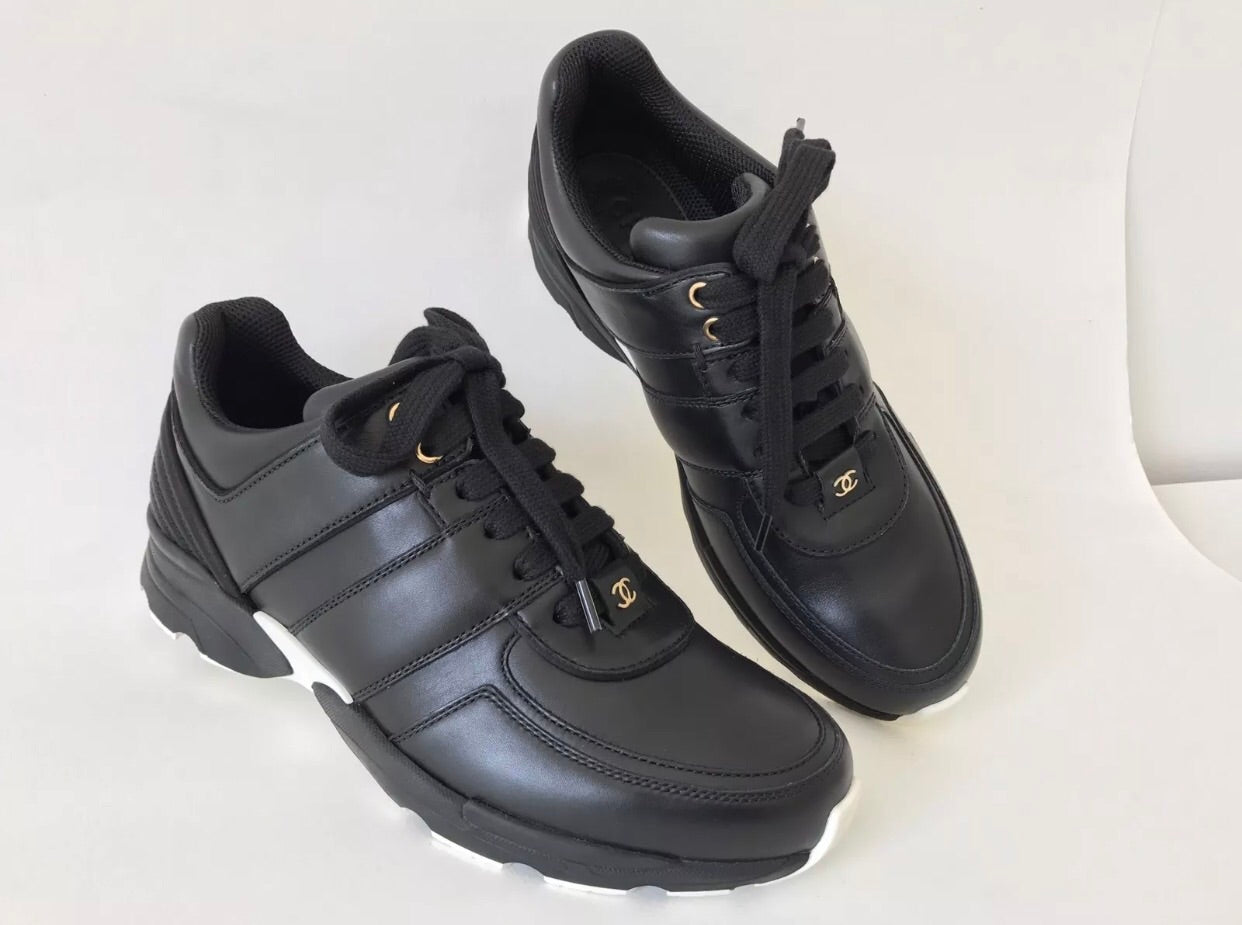 Chanel CC Logo Black Leather Lace Up Tennis Shoes Trainer Sneakers