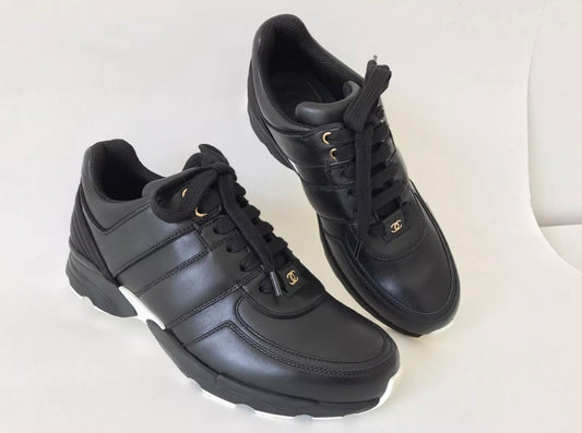 Chanel CC Logo Black Leather Lace Up Tennis Shoes Trainer Sneakers