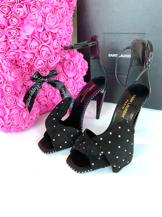 SAINT LAURENT FREJA BLACK SUEDE BOW CRYSTAL STRASS OPEN TOE SANDAL SHOES