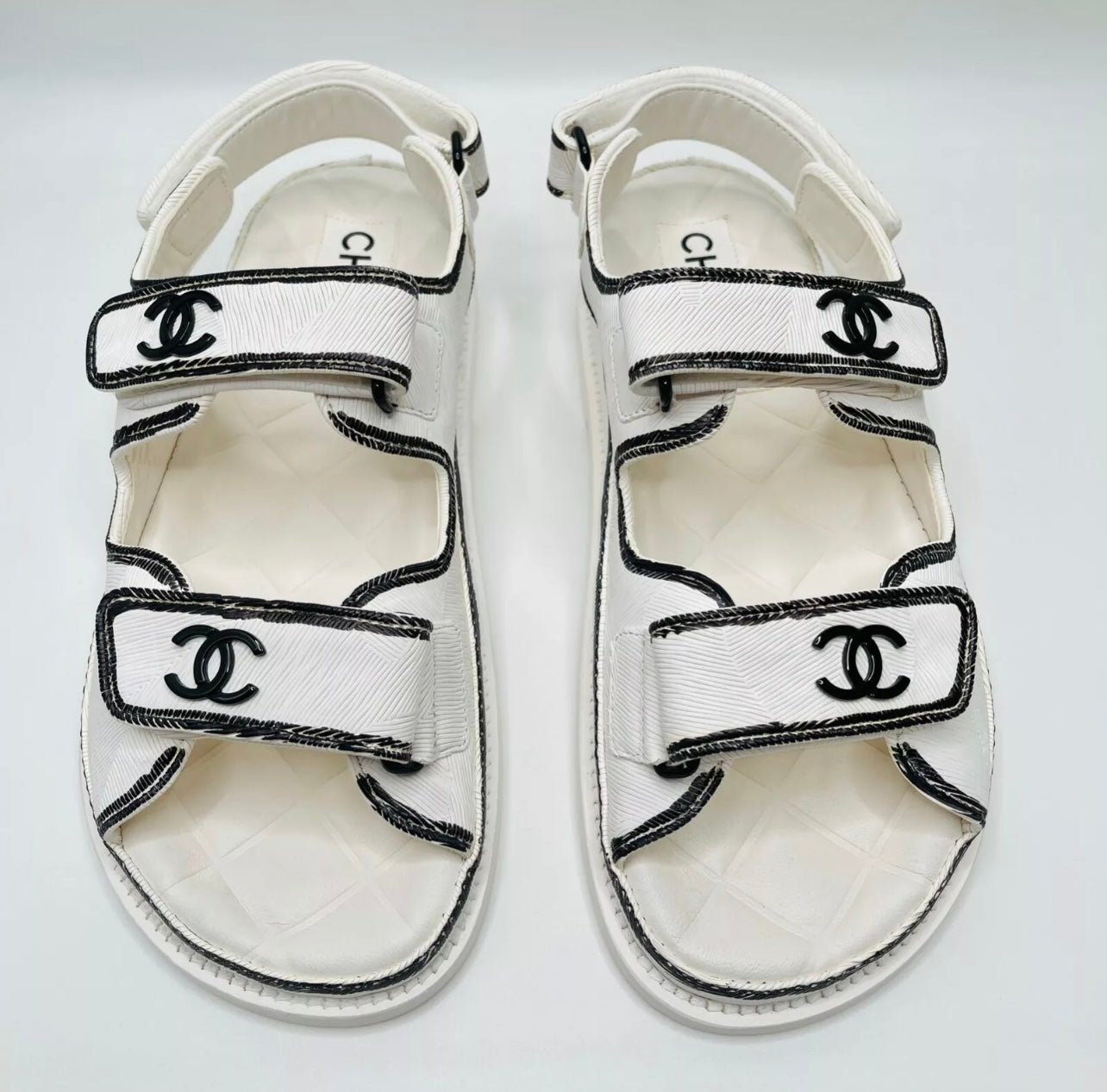 Chanel Dad White Black Print Printed Sandals Shoes – Miami Lux