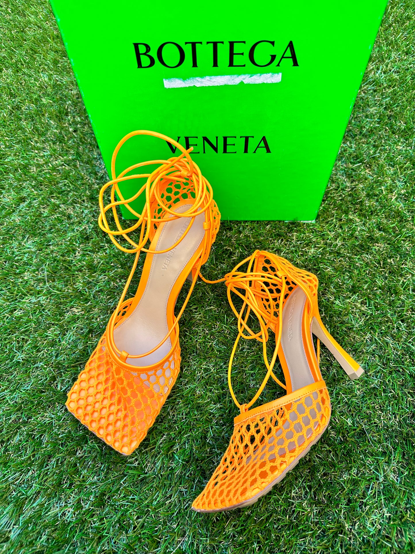Bottega Veneta Stretch Orange Tangerine Caged Mesh Heels Sandals Pumps