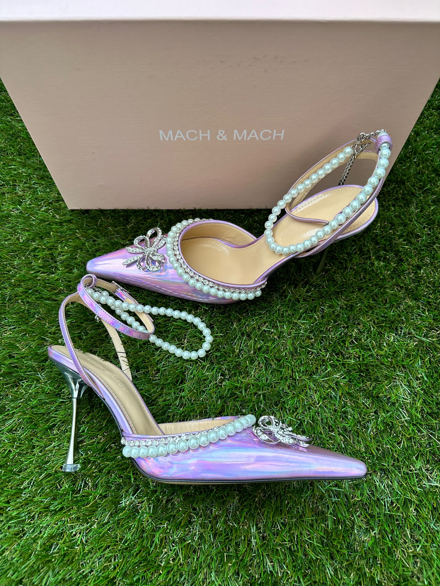 Mach & Mach Sophie Pointed Toe Crystal Embellished Pearl Bow Heel