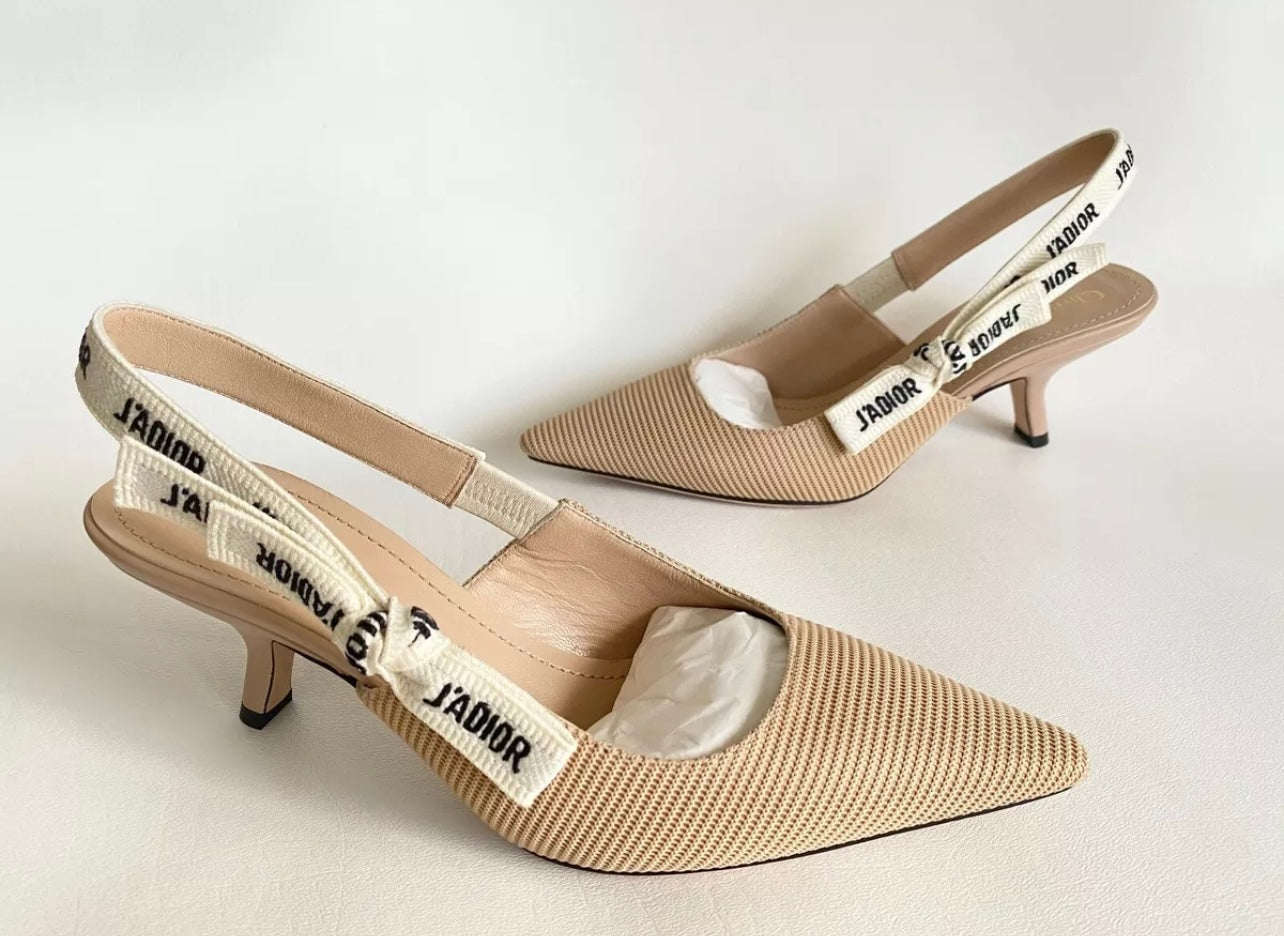 CHRISTIAN DIOR J'ADIOR FABRIC & RIBBON BEIGE KITTEN HEEL SHOES SLINGBACKS