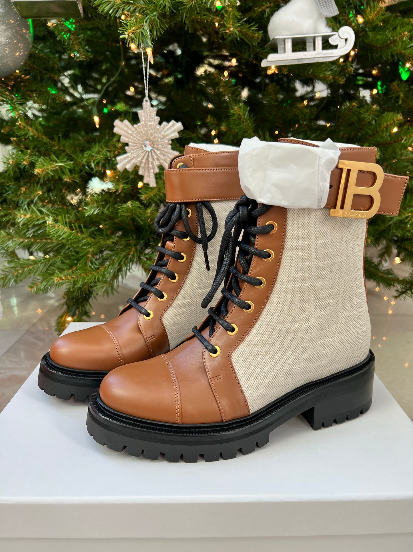 Balmain Ranger Romy Monogram Combat Brown Buckle Ankle Booties Boots