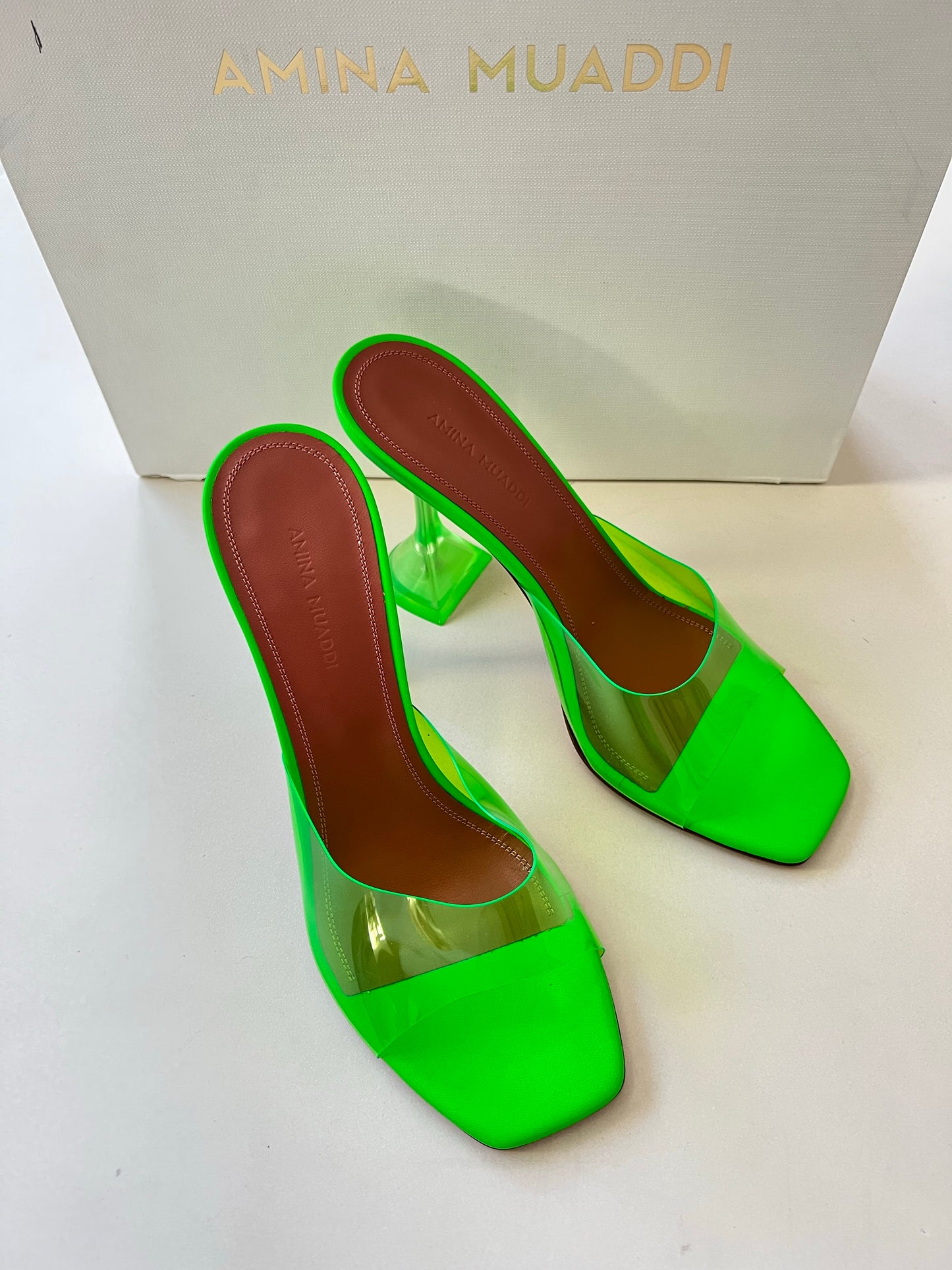 Amina Muaddi Lupita Glass PVC Green Neon Transparent Mule Pumps Mules