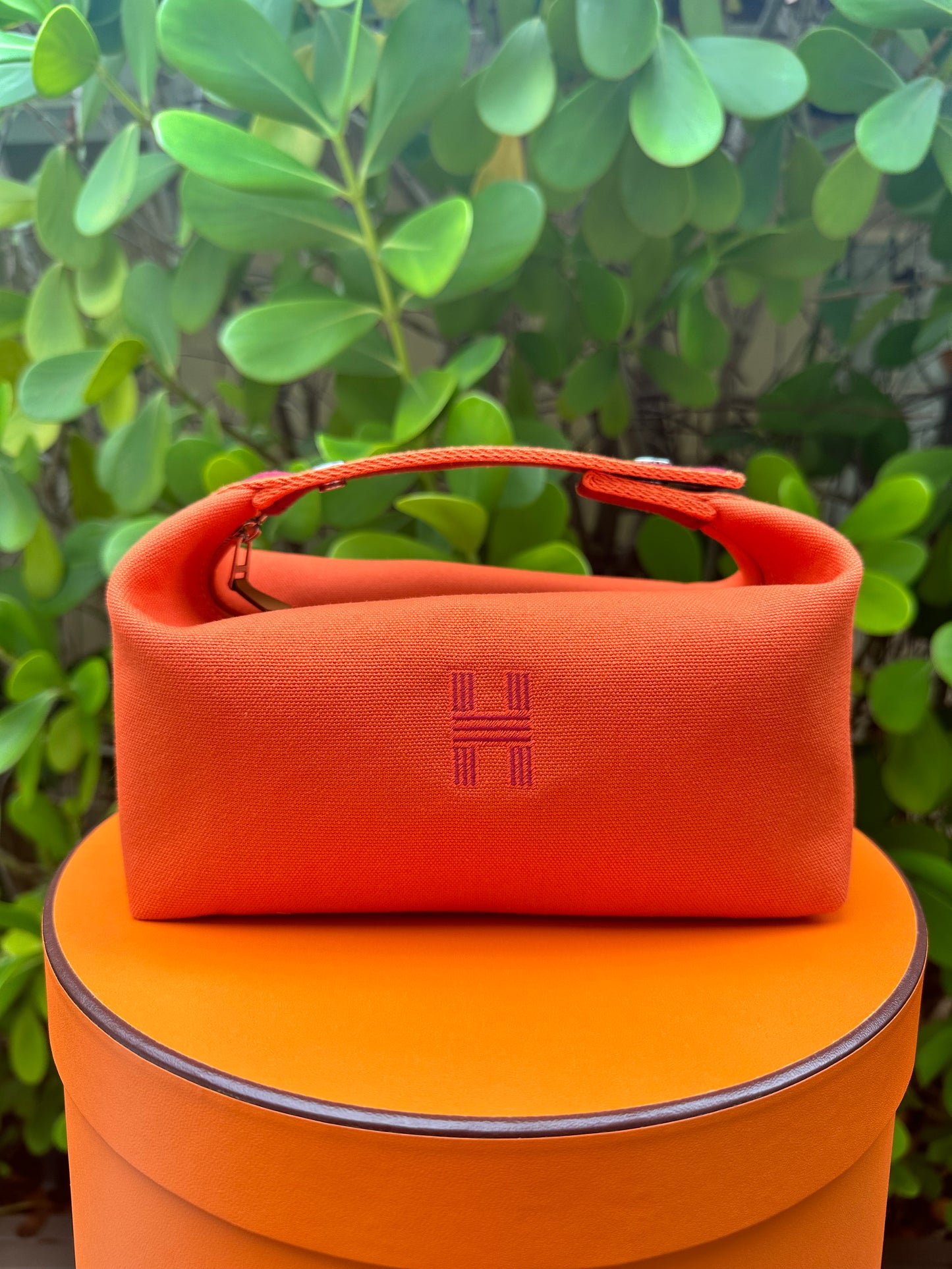 Hermes Bride-A-Brac Case PM Canvas Orange Burgundy Strap Pouch Small Model