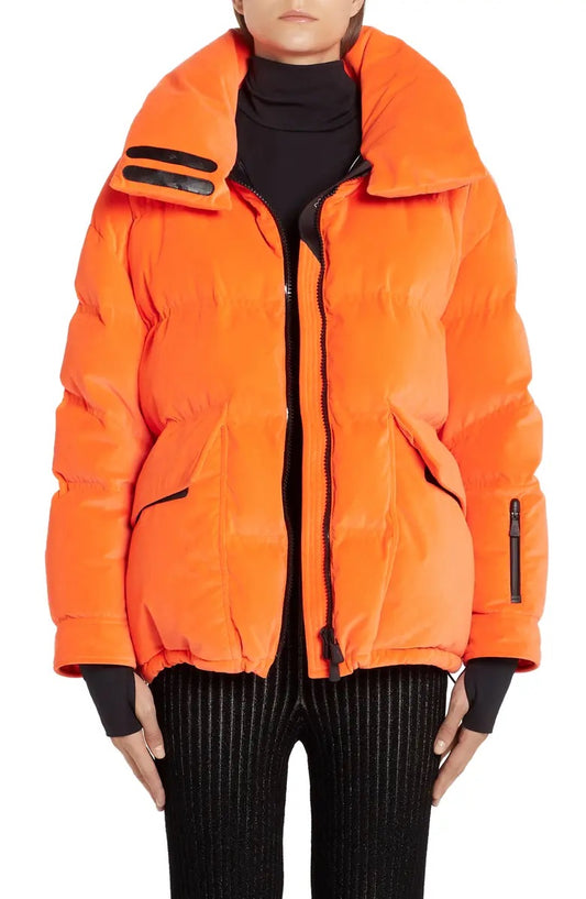 Moncler Atena Tech Orange Velvet Puffer Jacket Ski Hooded Pre-Owned
