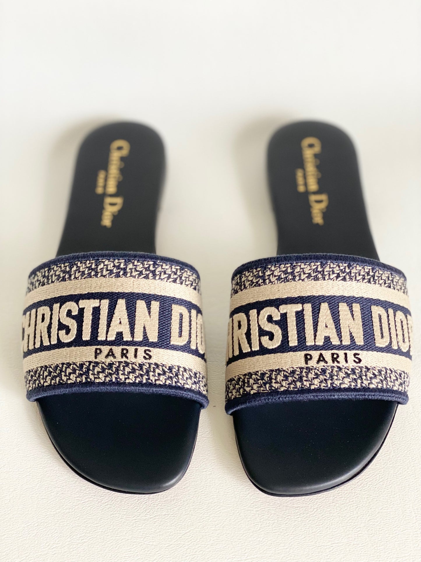 Dior Dway Deep Blue Embroidered Cotton Logo Slides