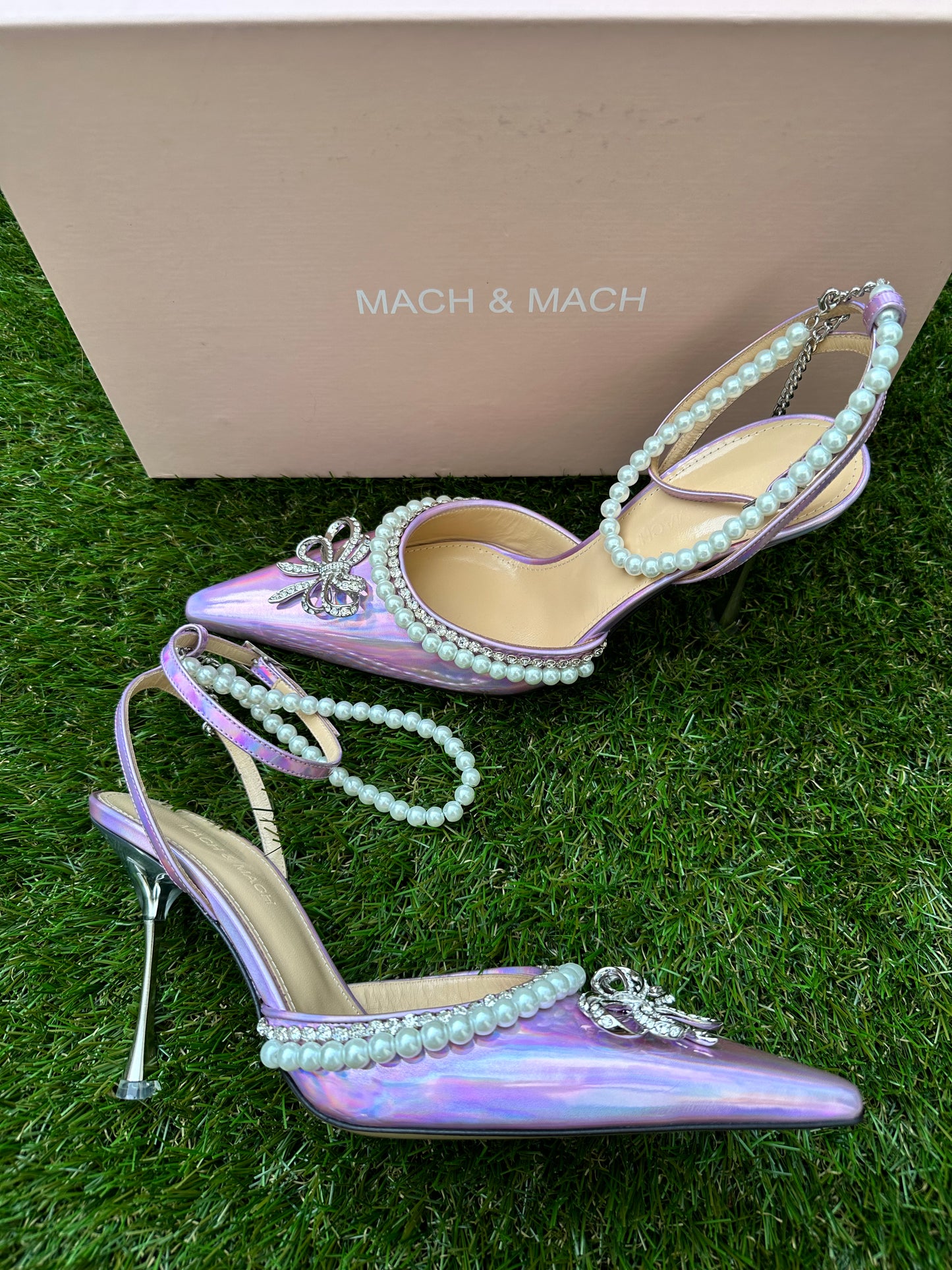 Mach & Mach Sophie Pointed Toe Crystal Embellished Pearl Bow Heel