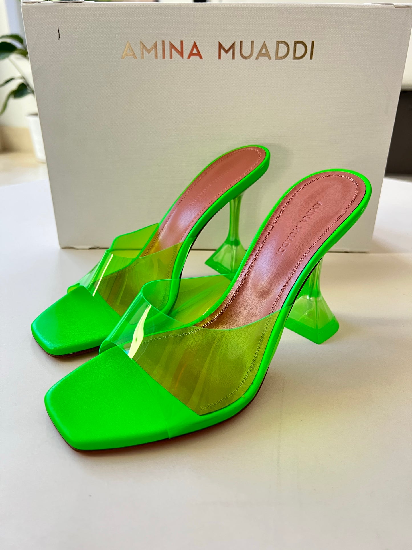 Amina Muaddi Lupita Glass PVC Green Neon Transparent Mule Pumps Mules
