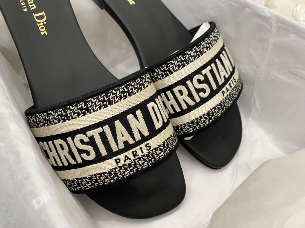 Dior Dway Black Fabric Slides Sandals Logo