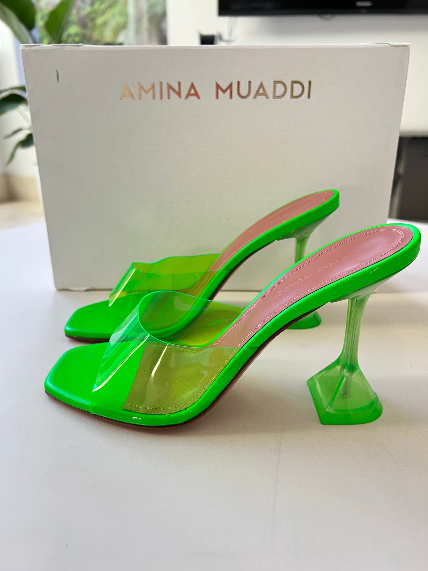 Amina Muaddi Lupita Glass PVC Green Neon Transparent Mule Pumps Mules